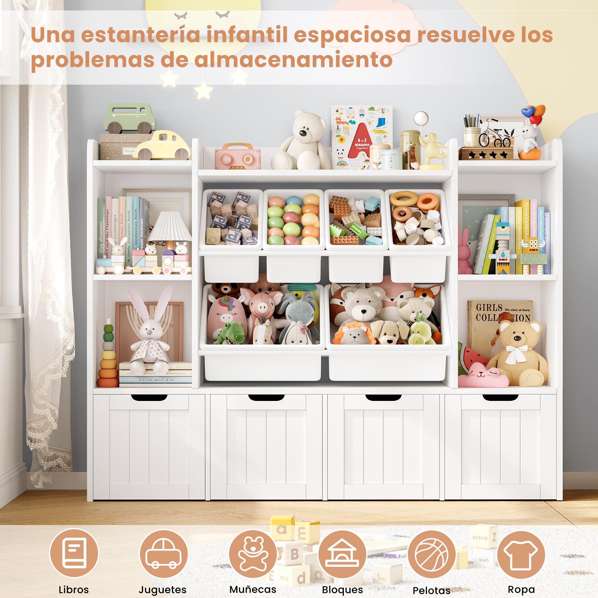 FOREHILL Mueble Organizador Juguetes, Mueble Almacenaje Juguetes, Estanteria Montessori, Organizador de Juguetes Infantil, Estanteria Infantil, 4 Cajones con Ruedas, 6 Cajas, Blanco, 140x30x106cm