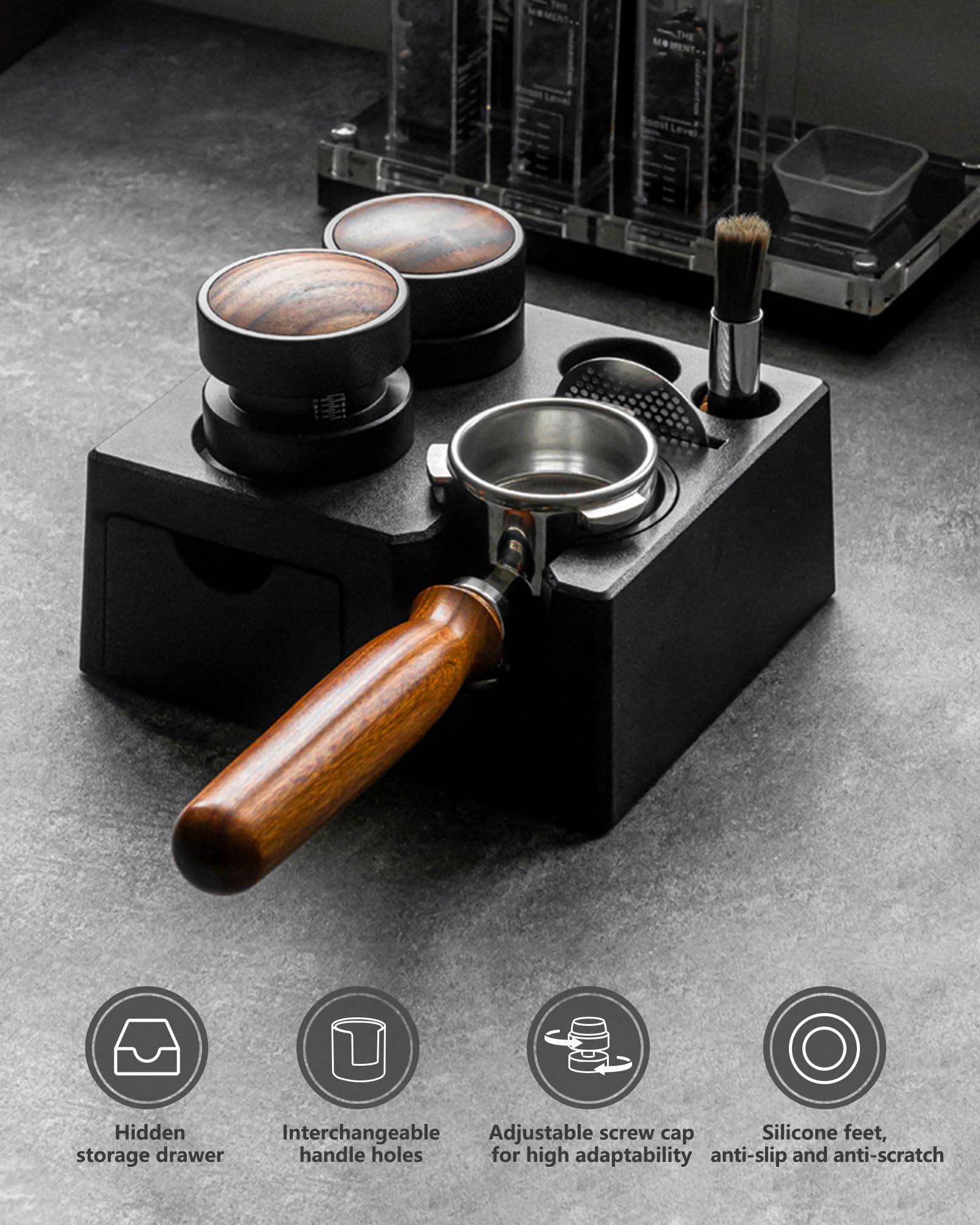 Tamper Station Caffe Espresso Universale(51-58mm), Antiscivolo Supporto per Tamper Caffè, Regolabile Stazione di Manomissione, Tamper Accessori Barista per Riporre Tamper (Esclusi Gli Accessori)