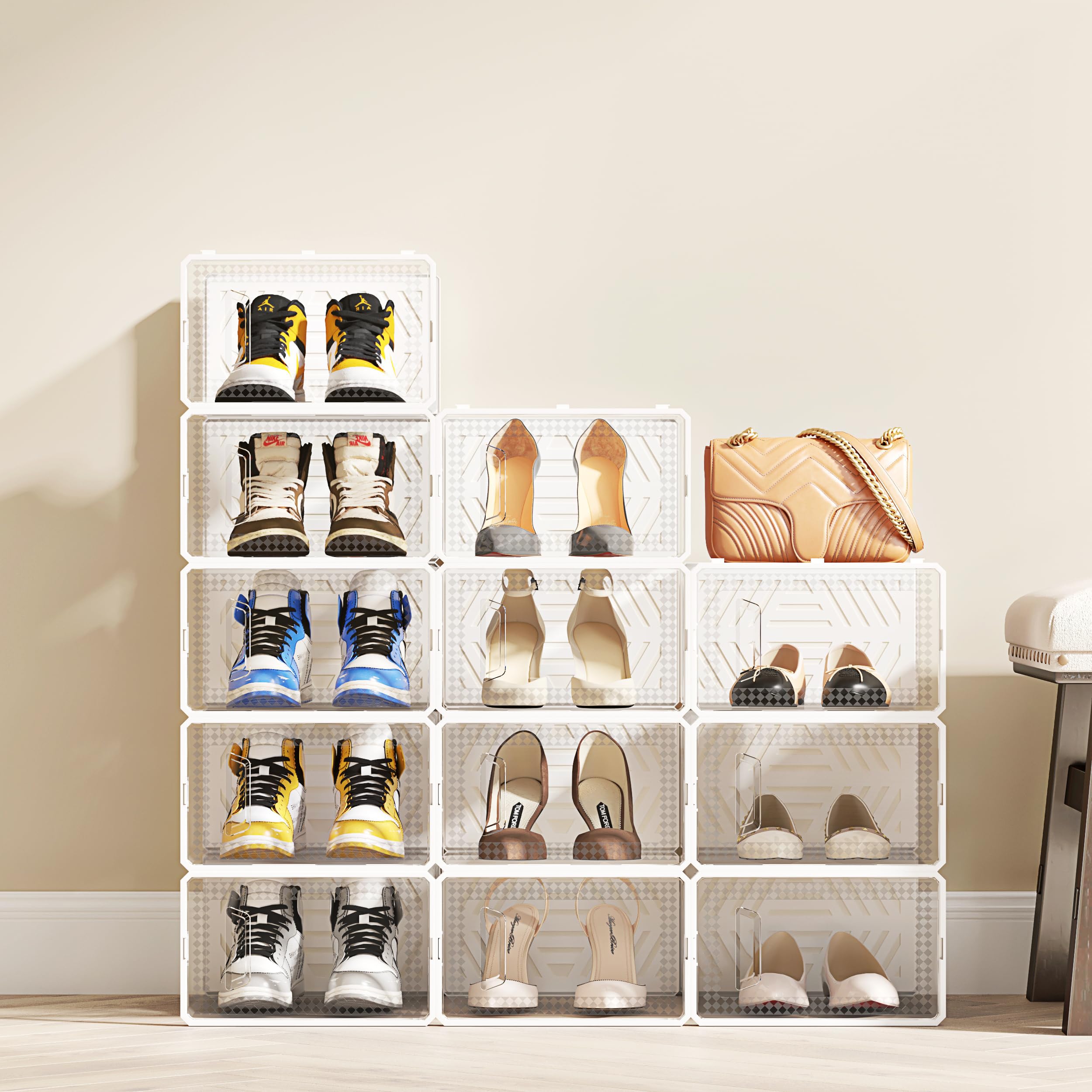 TEmkin Scatole Porta Scarpe Trasparenti Impilabili Da 12 Pezzi Organizer Per Scarpe in Plastica Rigida Contenitori Pieghevoli, Traspiranti E Versatili,002