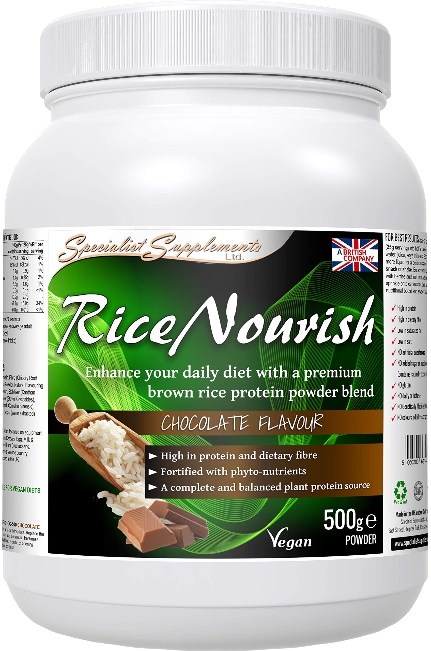 Specialist SupplementsRiceNourish Chocolate Flavour Protein Powder 500g RICE-CHOC-500