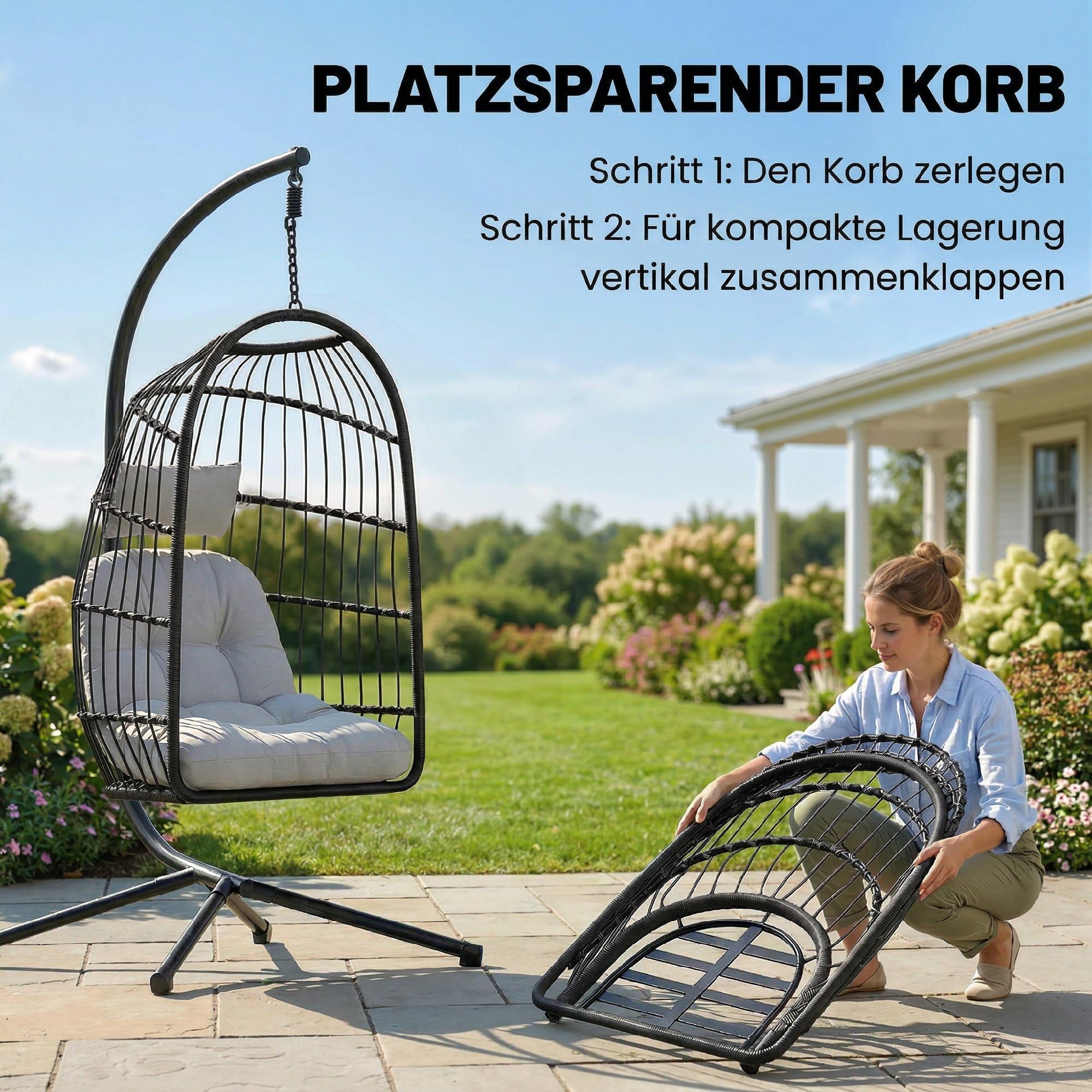 Outsunny Hängesessel mit Gestell faltbar Polyrattan Hängekorb mit Kissen | Sicherheitsgurt, Kopfstütze, Bänder, X-Bein, Höhenverstellbar, Hängeschaukel, Outdoor Hängestuhl für Balkon Terrasse