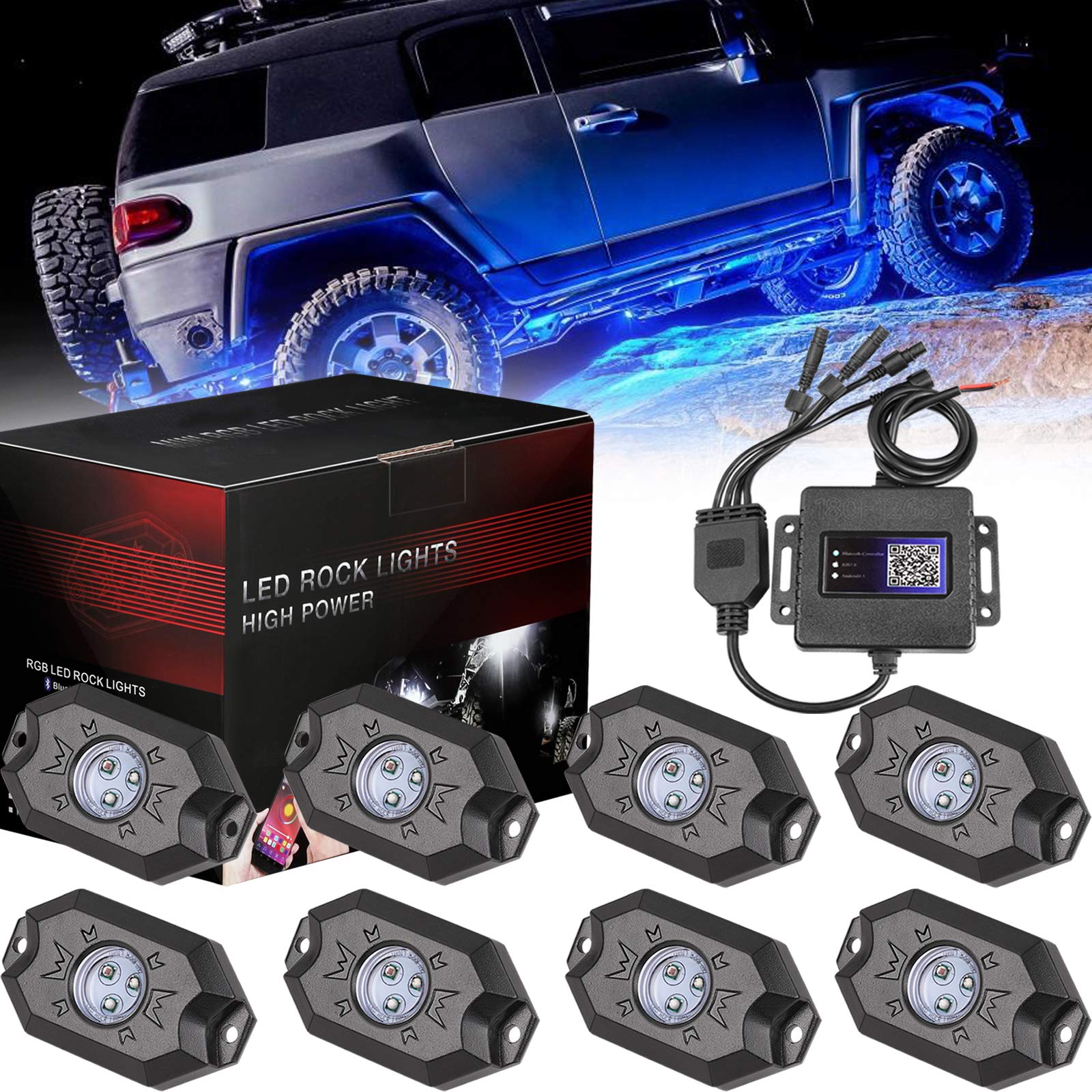 Muto-Beam RGB LED Rock Light, Moso LED 8 RGB LED Pods Multicolor Neon Rock Light Kit with Bluetooth Remote Control Muiti-Modes Underglow Rock Rail Lights for ATV SUV Off-Road Truck Boat Marine