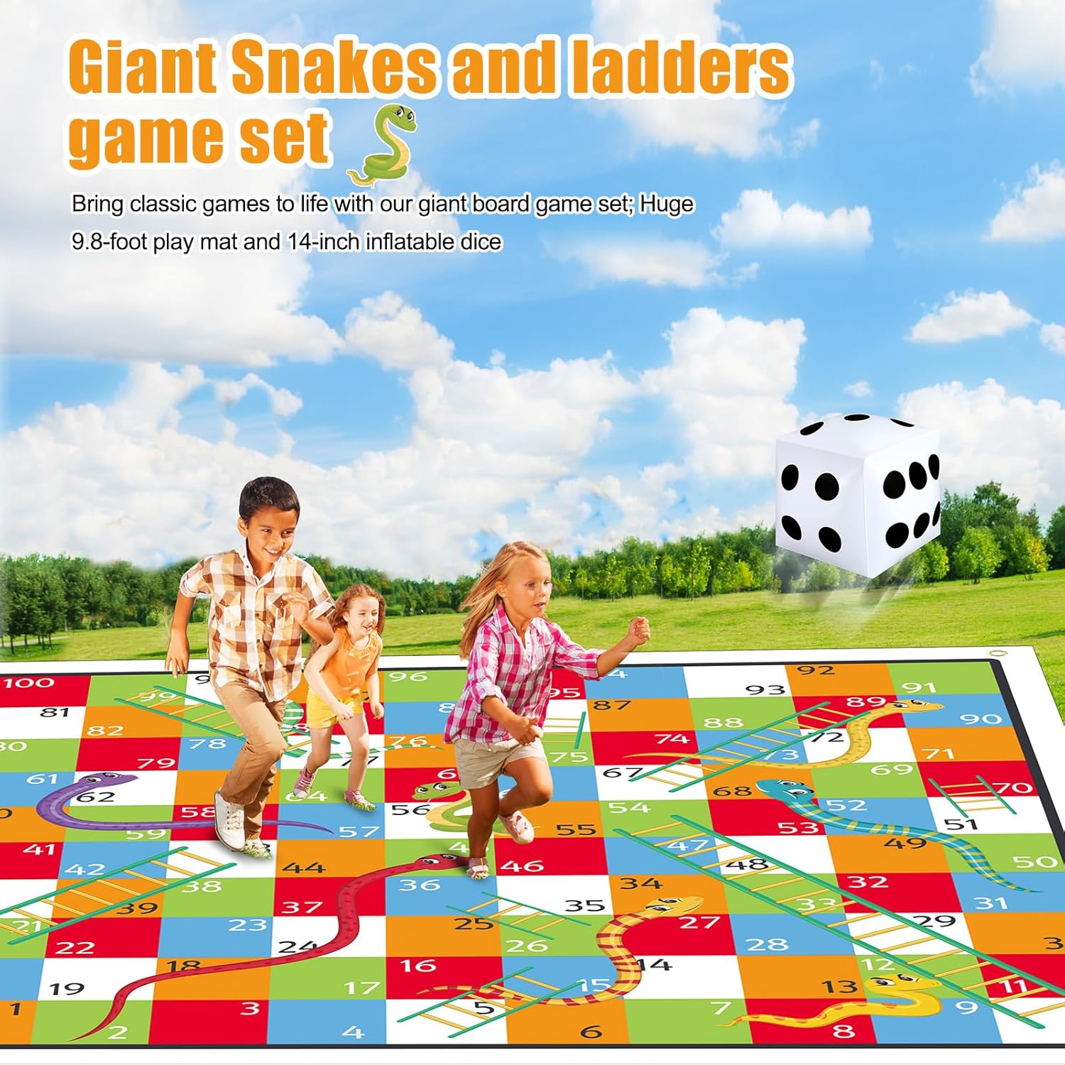 Realspring 9.8 ft Giant Snakes and Ladders Game Playing Mat with 6 Nails 14 Inch Inflatable Dice and Storage Bag Floor Snake and Ladder Board Game Big Size for Both Indoor and Outside