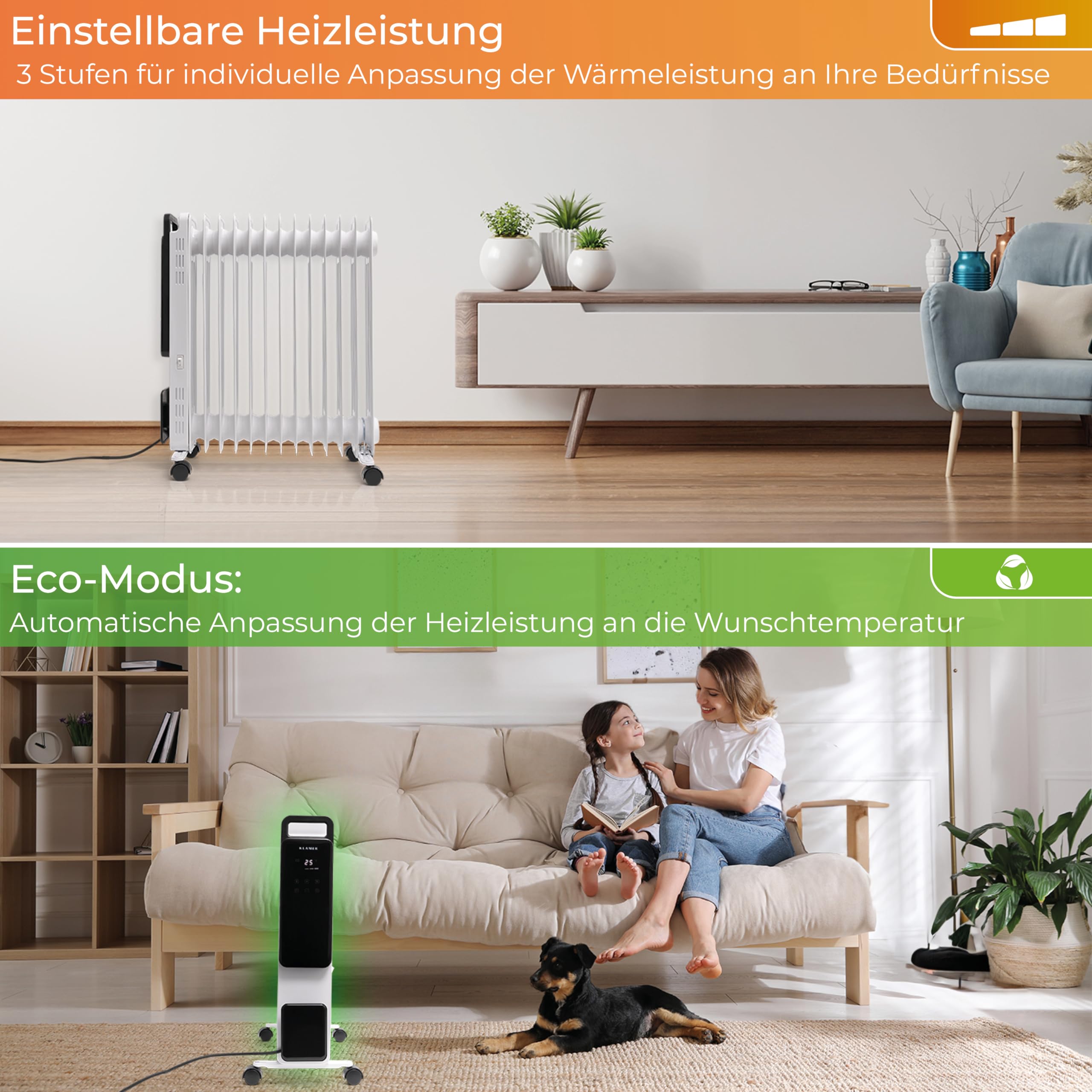 KLAMER Ölradiator 2500 W, Elektroheizung energiesparend, 13 Rippen, 3 Heizstufen mit Eco-Modus, 24h Timer, Thermostat, Überhitzungs- & Kippschutz, mit Fernbedienung, für Innenräume, weiß