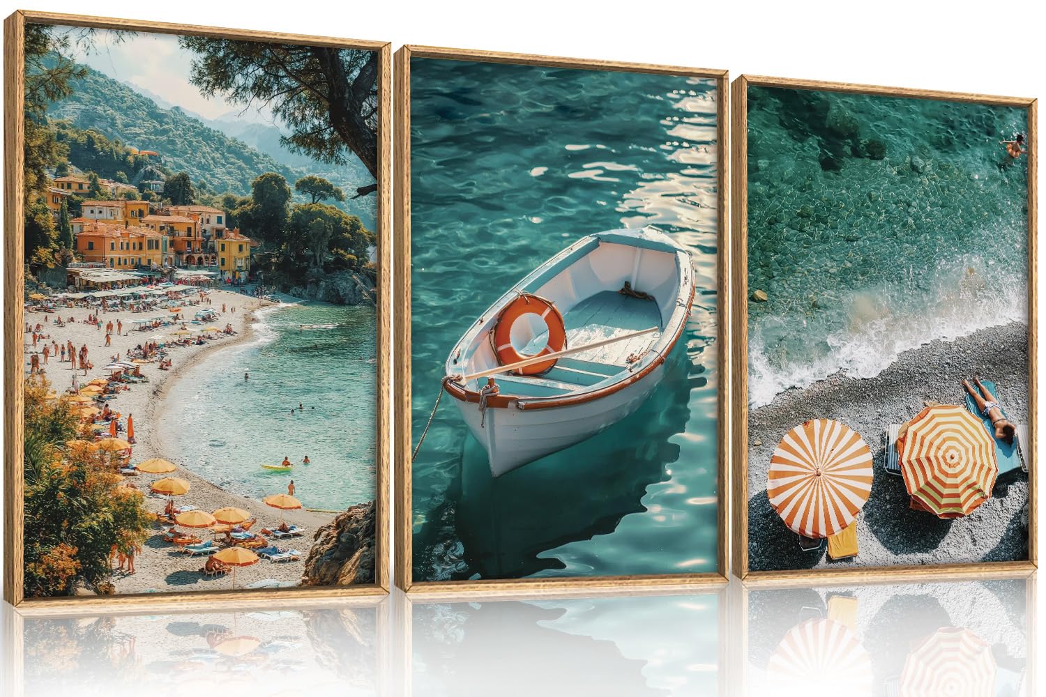 Photo 1 of Aryroi Italy Spring Coastal Seascape Framed Canvas Wall Art Set,Mediterranean Amalfi Italian Blue Green Seaside Beach Decor,Natural Foreign Travel City Summer Artwork for Living Room,Farmhouse- 24"x36"x3