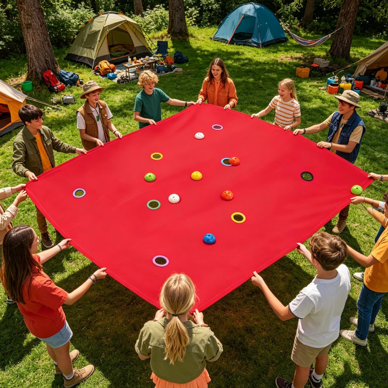Team Games Lochplane – interaktive Gruppenaktivität, 200 x 145 cm großes Spielfeld aus Stoff, 8 Mehrfarbig abgestimmte Balancierbälle, gewebte Polyesterplane – für Parkspielplätze