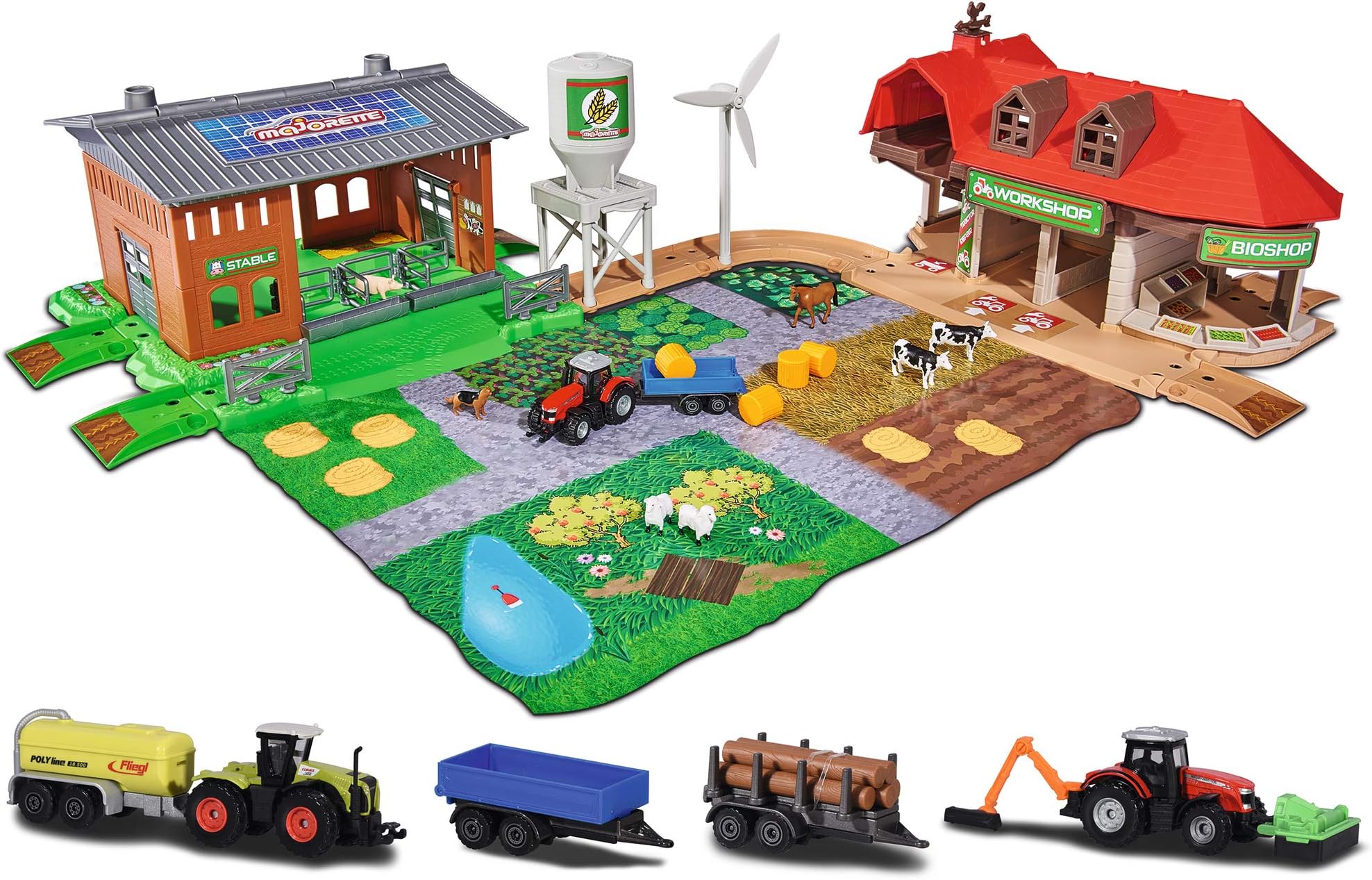 Majorette 212050009 Creatix Big Farm Farmyard Play Set with 3 Vehicles and 2 Anhägern, Tractor, Combine Harvester, Wooden Charger, Die Cast