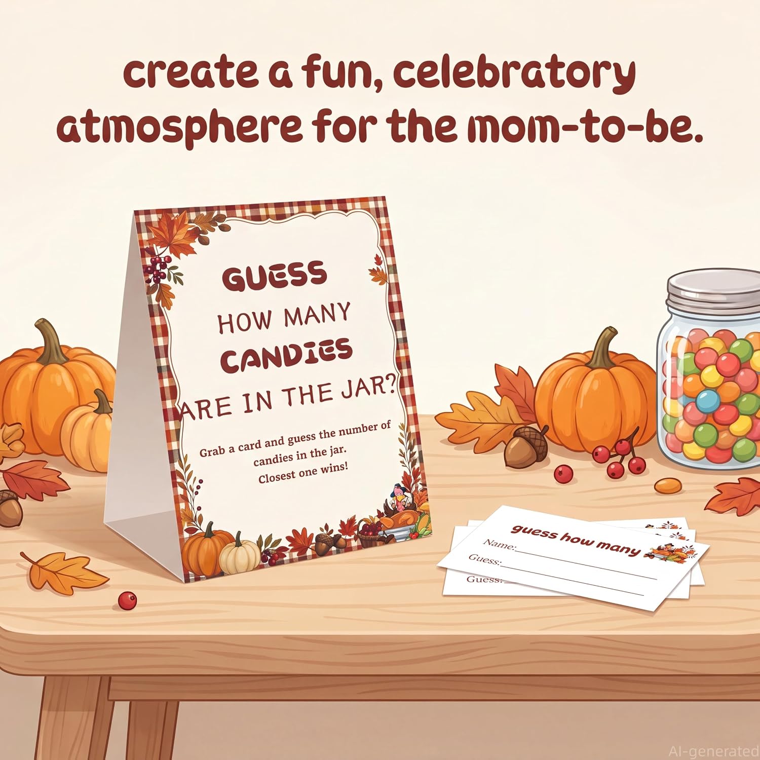 Thanksgiving Autumn Guess How Many Candies Game Set 1 Decorative Sign with 50 Guessing Cards, Fall Pumpkin Baby Shower & Gender Reveal Party Supplies image 4
