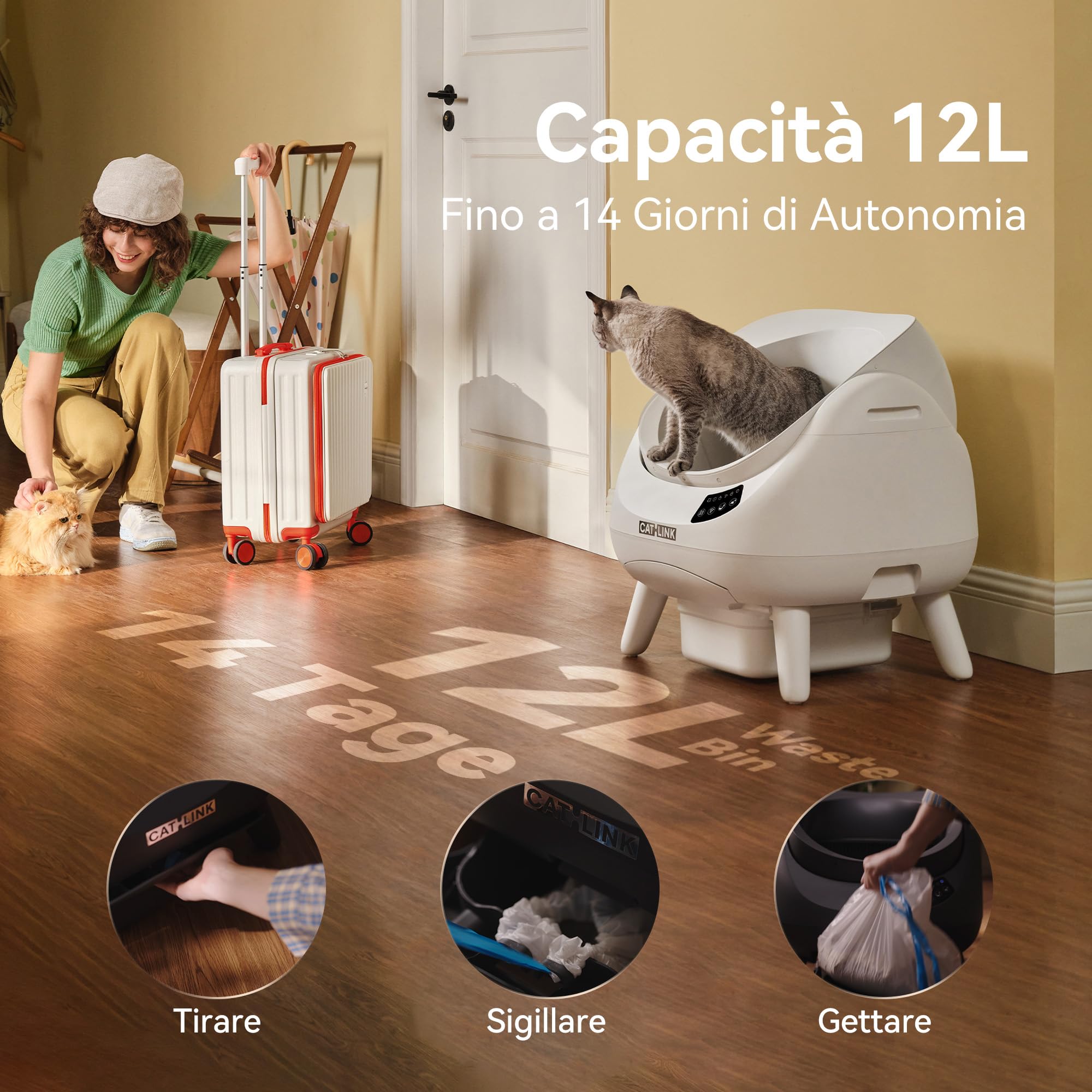 CATLINK Lettiera Autopulente per Gatti, Design Aperto con Ingresso dall'Alto, Wi-Fi 5 GHz, Capienza XL 12L, Compatibile con Tutti i Tipi di Sabbia, Ideale per Famiglie con Più Gatti(Bianco)