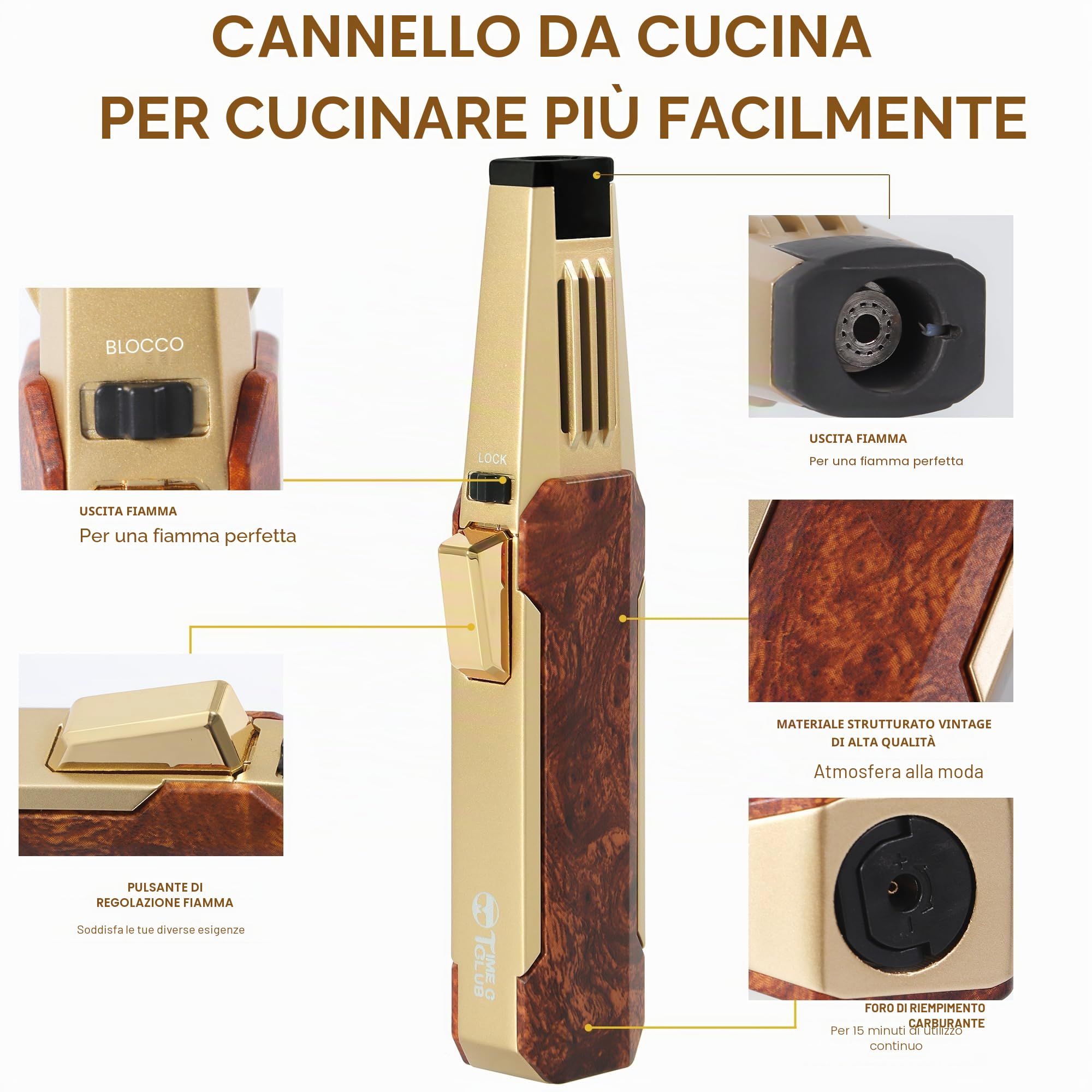 Accendino a butano, ricaricabile Torcia da cucina a prova di vento Regolabile con blocco di sicurezza per la cottura della crème brûlée