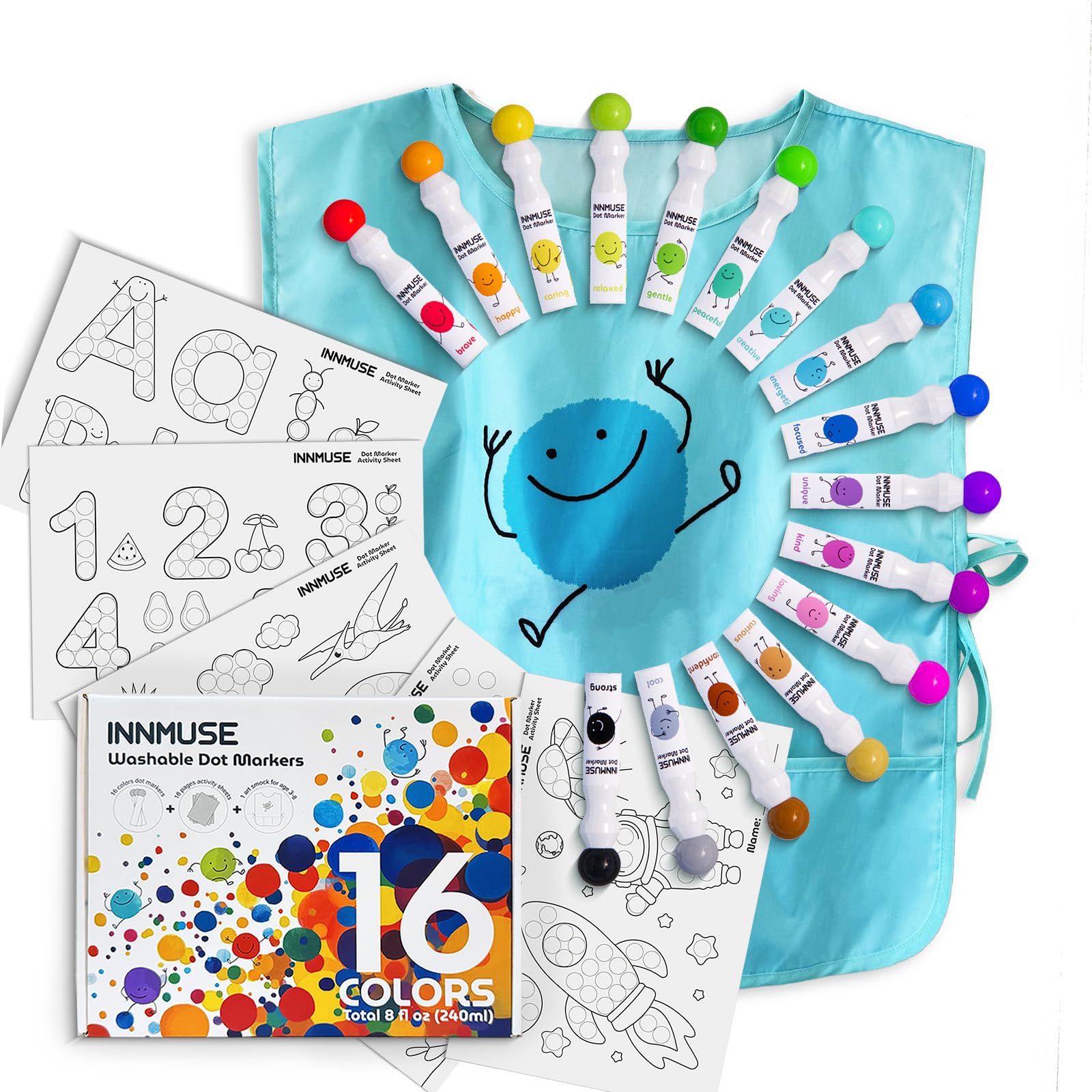 INNMUSE Playful 16 Washable Non-Toxic Dot Markers for Kids,18 Activity Sheets, Art Smock, Downloadable Activity Books, Arts and Crafts for Preschoolers, Preschool Learning Activities
