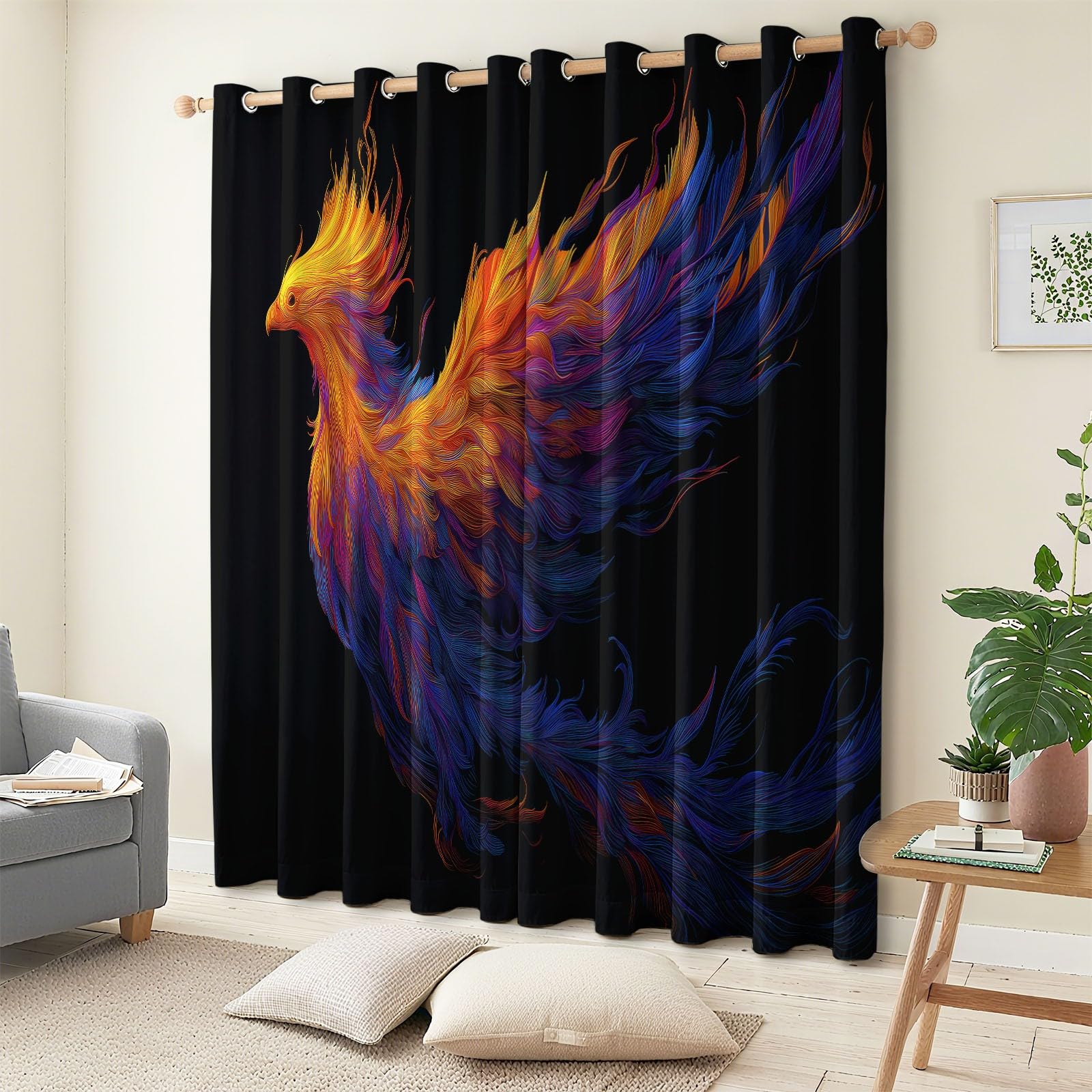 2 panele Zasłony zaciemniające 117 x 229 cm, fantazja odrodzony feniks z nadrukiem z oczkami dla dziewczynek i chłopców, do salonu, sypialni, miękka i odporna na zmarszczki, czarna