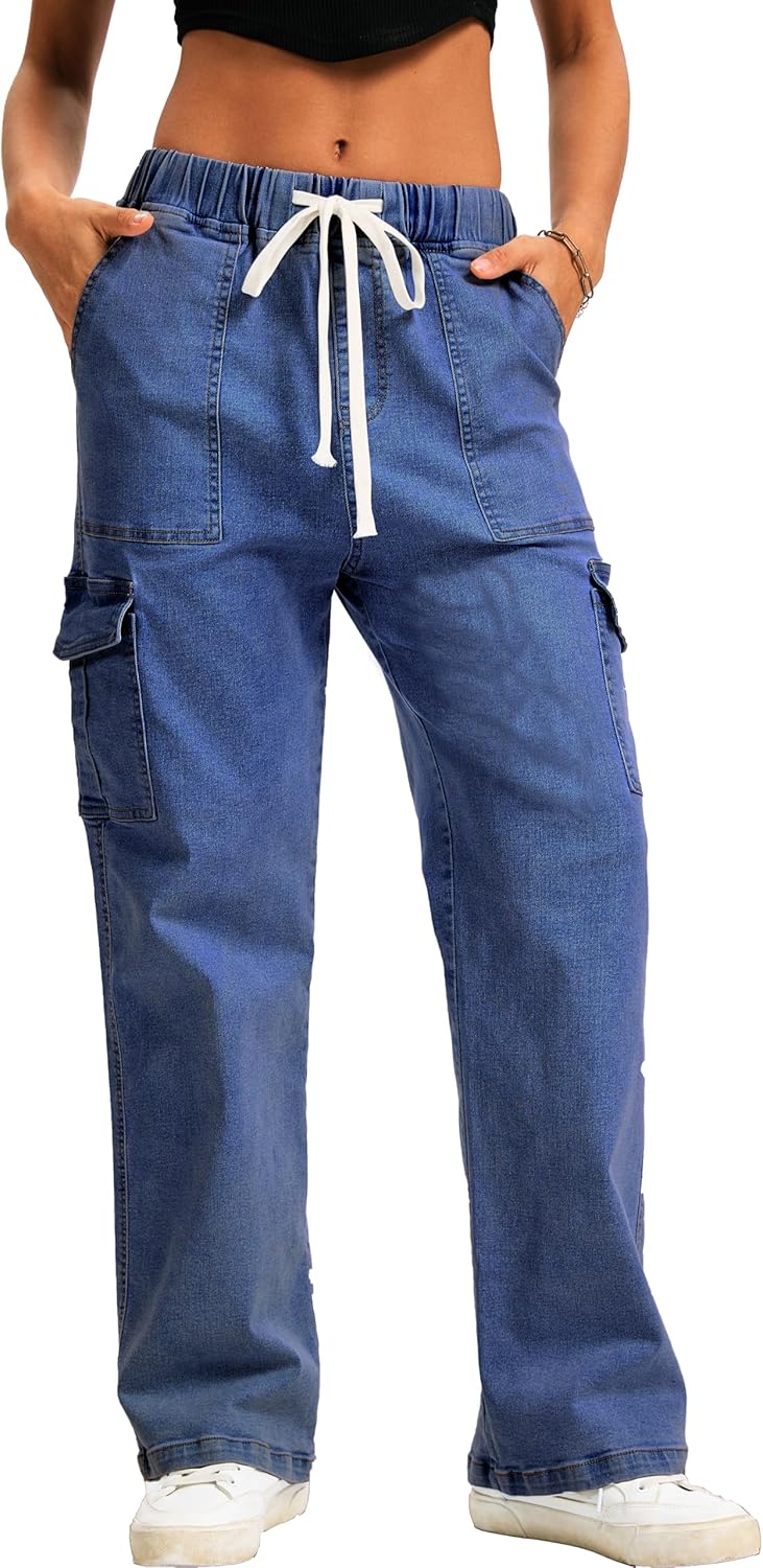 HVEPUO Womens High Waisted Cargo Pants Y2K Baggy Straight Leg Stretchy Jeans for Women Streetwear Trousers Pants 6 Pockets - Image 4
