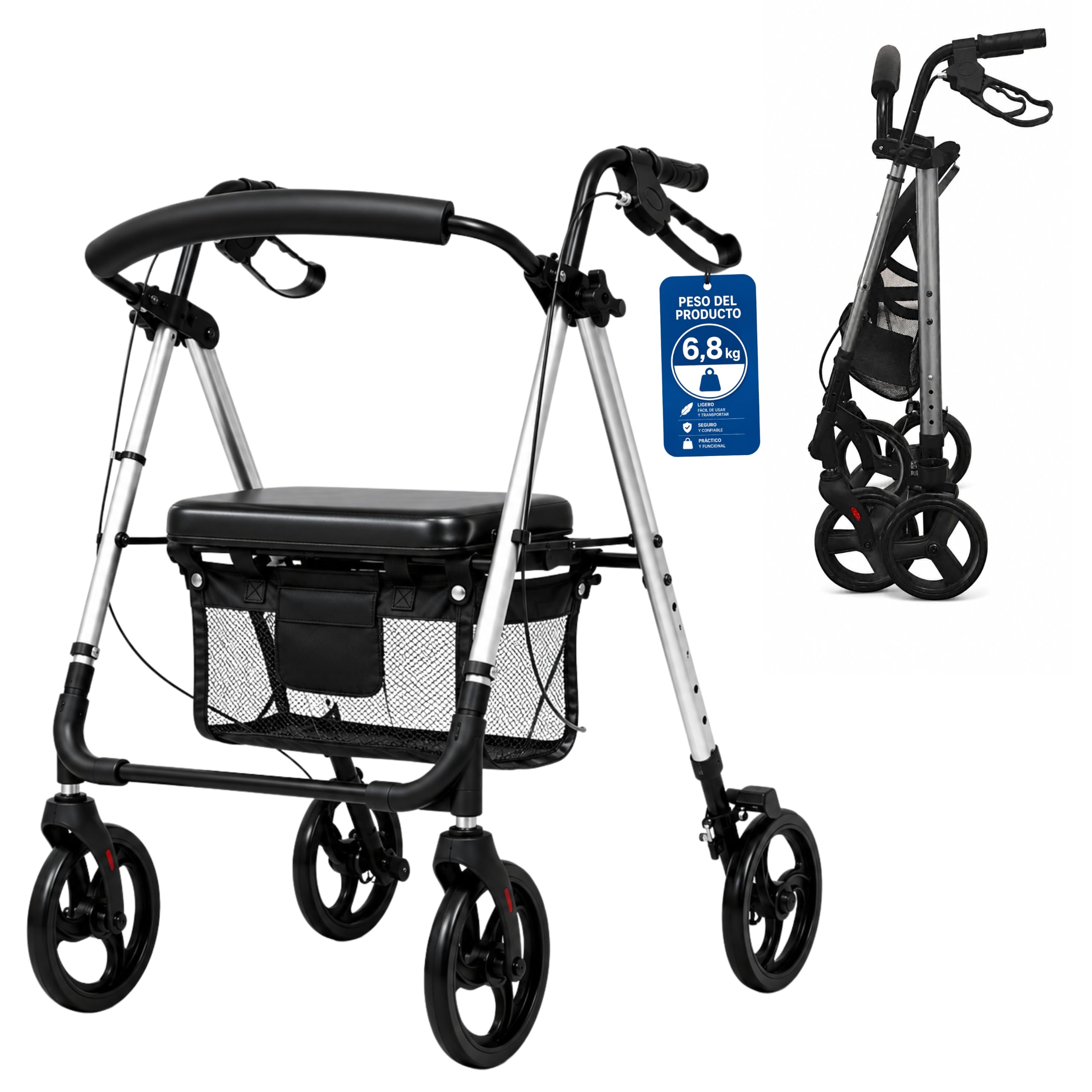 Andador para Ancianos con Asiento MA05, MARCA ESPAÑOLA - Plegable, Super Ligero, Caminador para Personas Mayores con Cesta, RUEDAS 8 PULGADAS, ALUMINIO, COLOR GRIS, ASIENTO DOBLE REGULARIZACION