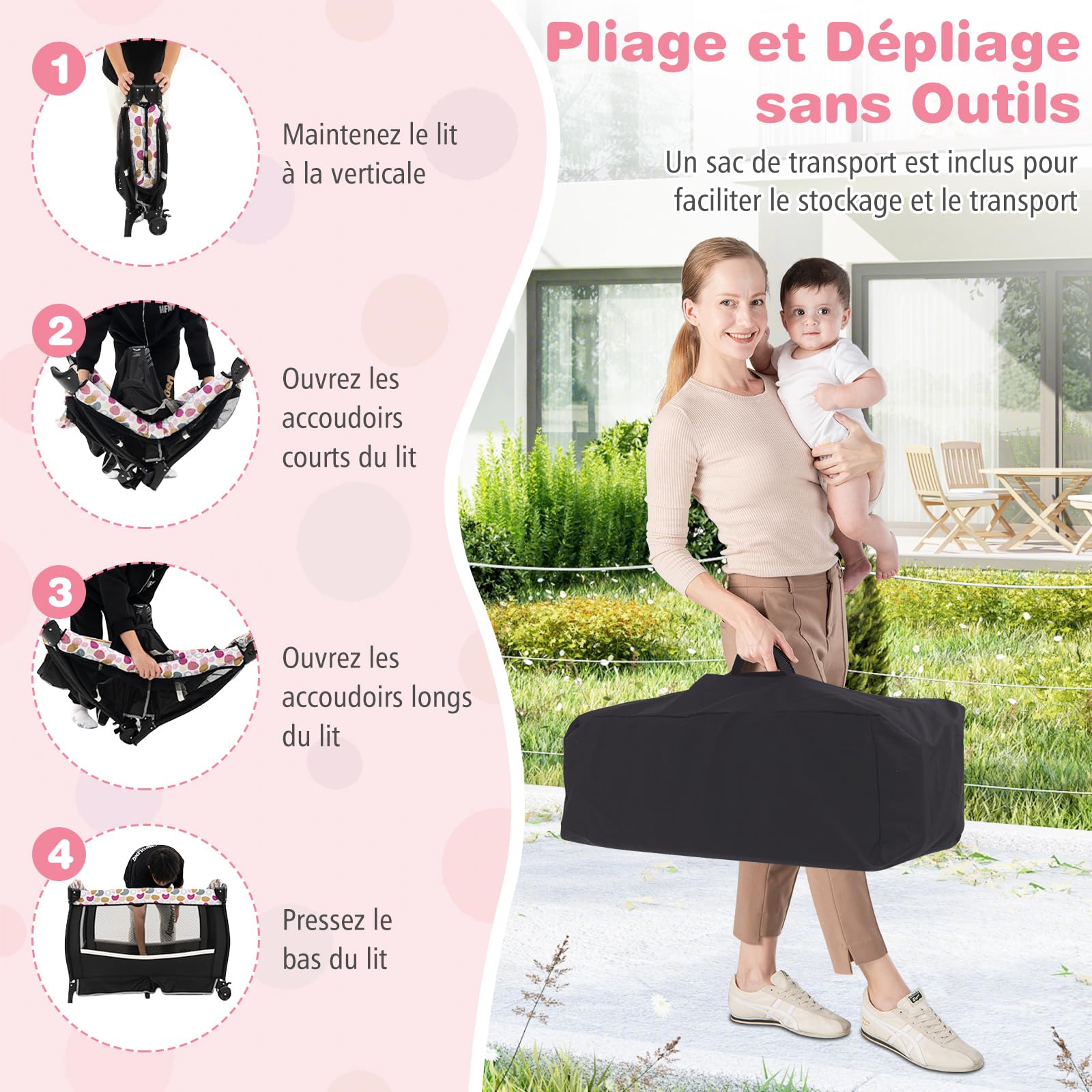 COSTWAY Lit Parapluie Bébé avec Matelas & Table à Langer Escamotable, Lit Bébé Évolutif avec Boîte à Musique & Jouets Suspendus, Auvent Réglable, Lit de Voyage pour 0-36 Mois (Cercles colorés,Noir)