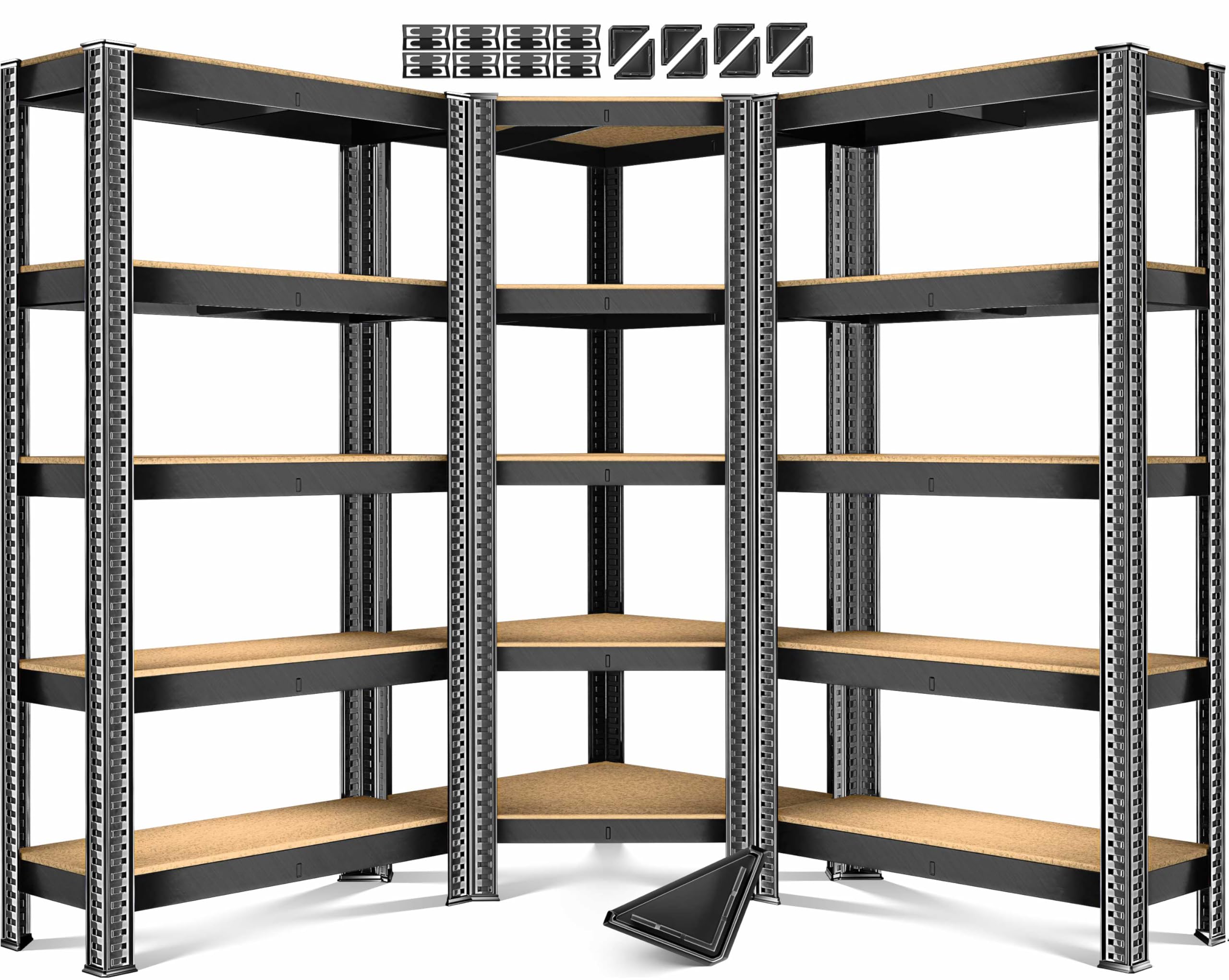MASKO® Jeu de 3 Étagères en Métal - 1 Étagère d'Angle & 2 de Stockage | 15 Plaques MDF | Capacité 2625 kg | Étagère d'Atelier - Noir