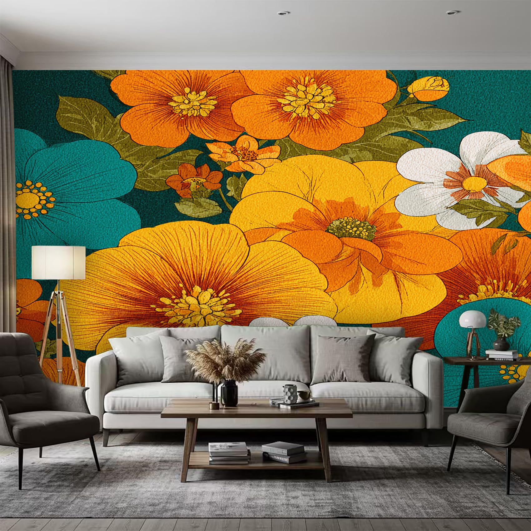 Générique Papier Peint Fleuri Jaune Chambre Salon Cuisine Intissé, Papier Peint Panoramique Années 70 Retro Vintage, Deco Murale Fleuri Jaune, 315 x 215 cm (Largeur x Hauteur), GG4584