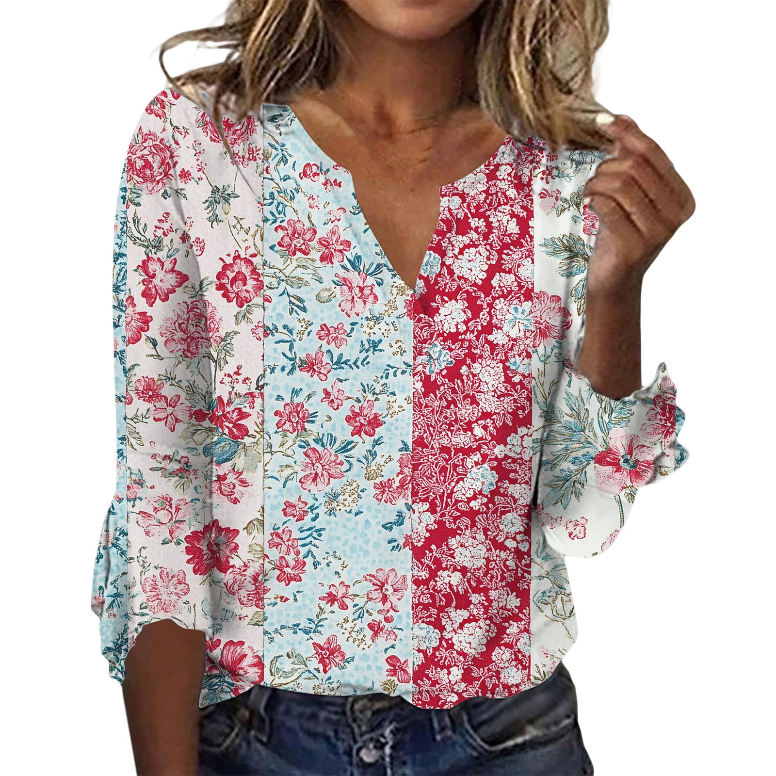 ZOCANIA Womens Tops 3/4 Sleeve Shirts Boho Floral Print Summer Blouses for Women Dressy Casual Loose V Neck Graphic Tee