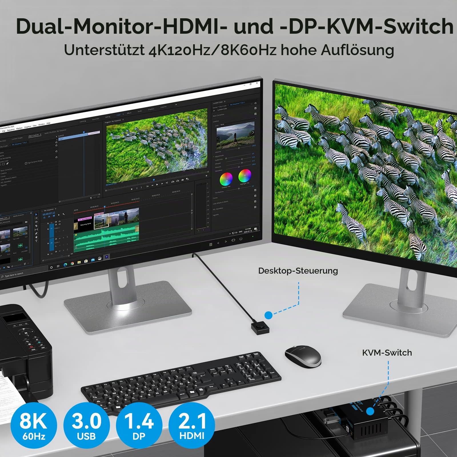 8K@60Hz Displayport HDMI KVM Switch 2 PC 2 Monitore 4K@120Hz USB 3.0 KVM Switches mit 4 USB Anschlüssen für zwei Computer mit gemeinsamem Dual-Monitor, Tastatur, Maus, Drucker und U-Disk