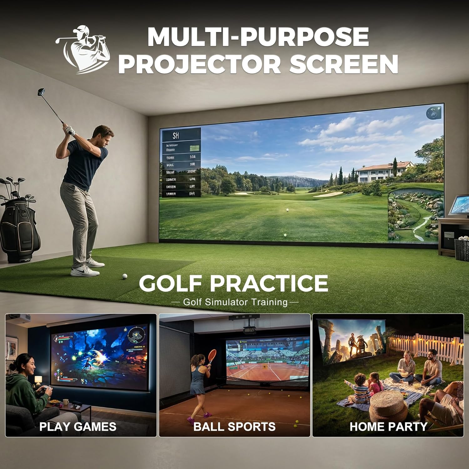 Golf Simulator Impact Screen, 3D Air Mesh Golf Impact Screen Heavy Duty, Thick HD Golf Projector Hitting Screen for Home Garage Indoor Training with Reinforced Grommets & Bungee Cords