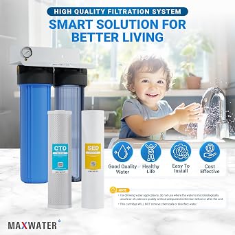 20 Dual Clear & Blue Whole House Water Filter 1 w/Pressure Gauge, Double O Ring Filter Housing, 20x4.5 5-Micron Sediment, CTO Carbon Water Filters