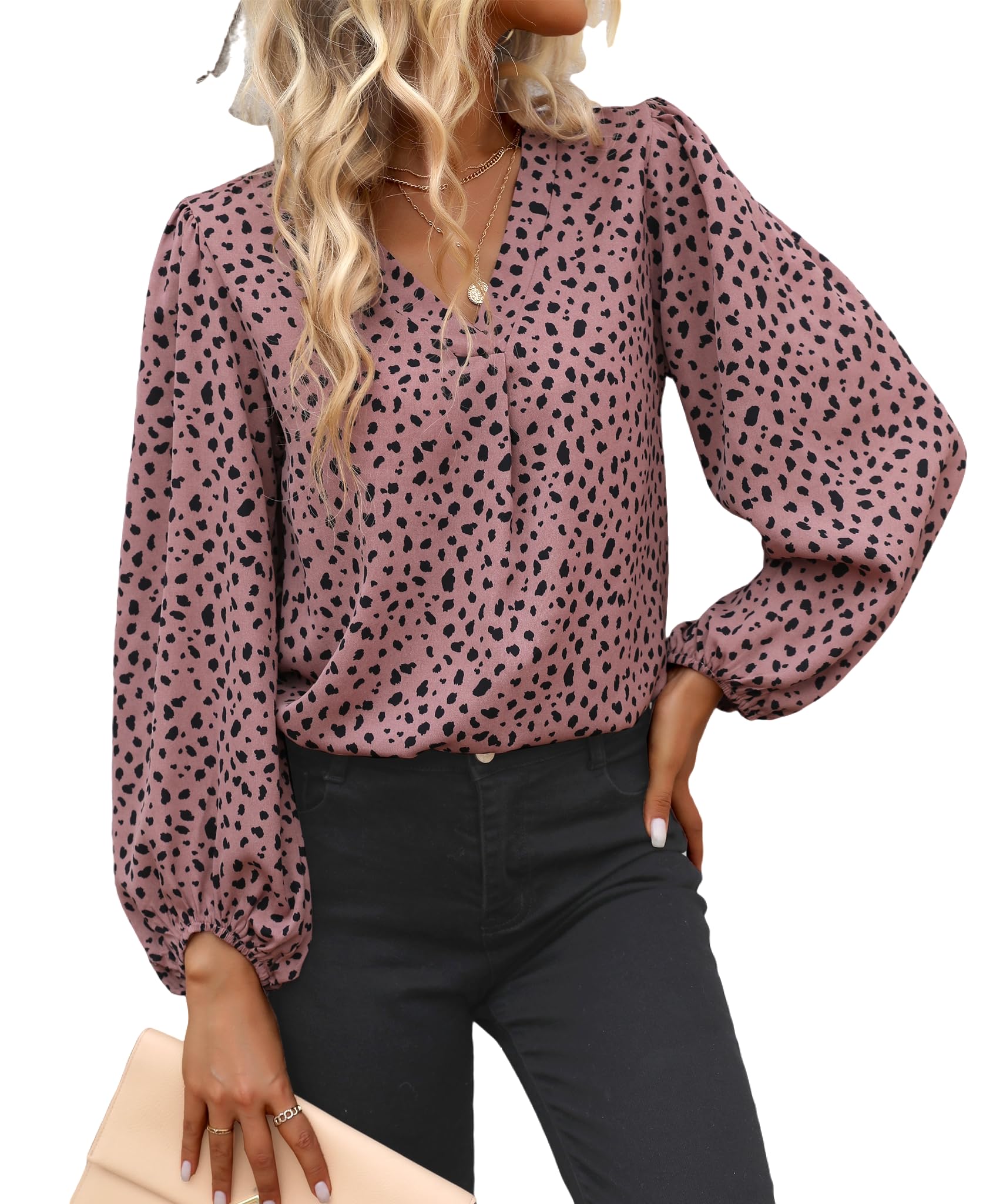 Long Sleeve Blouses for Women, Leopard Print Chiffon Tops V Neck Loose Business Shirts Casual Work Tunic