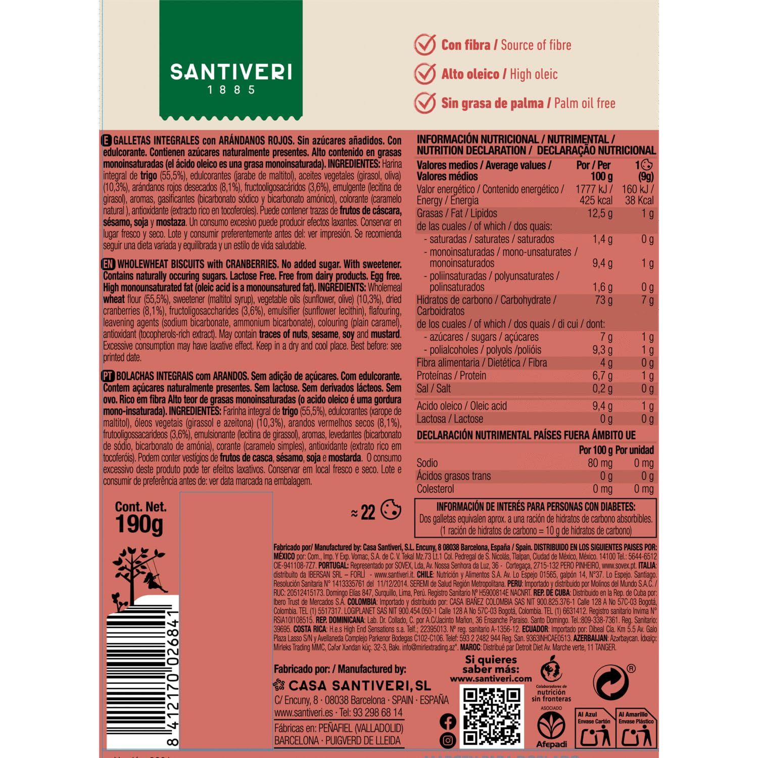 SANTIVERI - Galletas Integrales Arándanos, 0% Azúcares Añadidos - Con Fibra, Sin Grasa de Palma, Alto Oleico, Sin Huevo, Sin Lactosa - Vegano - 190 g — view 2