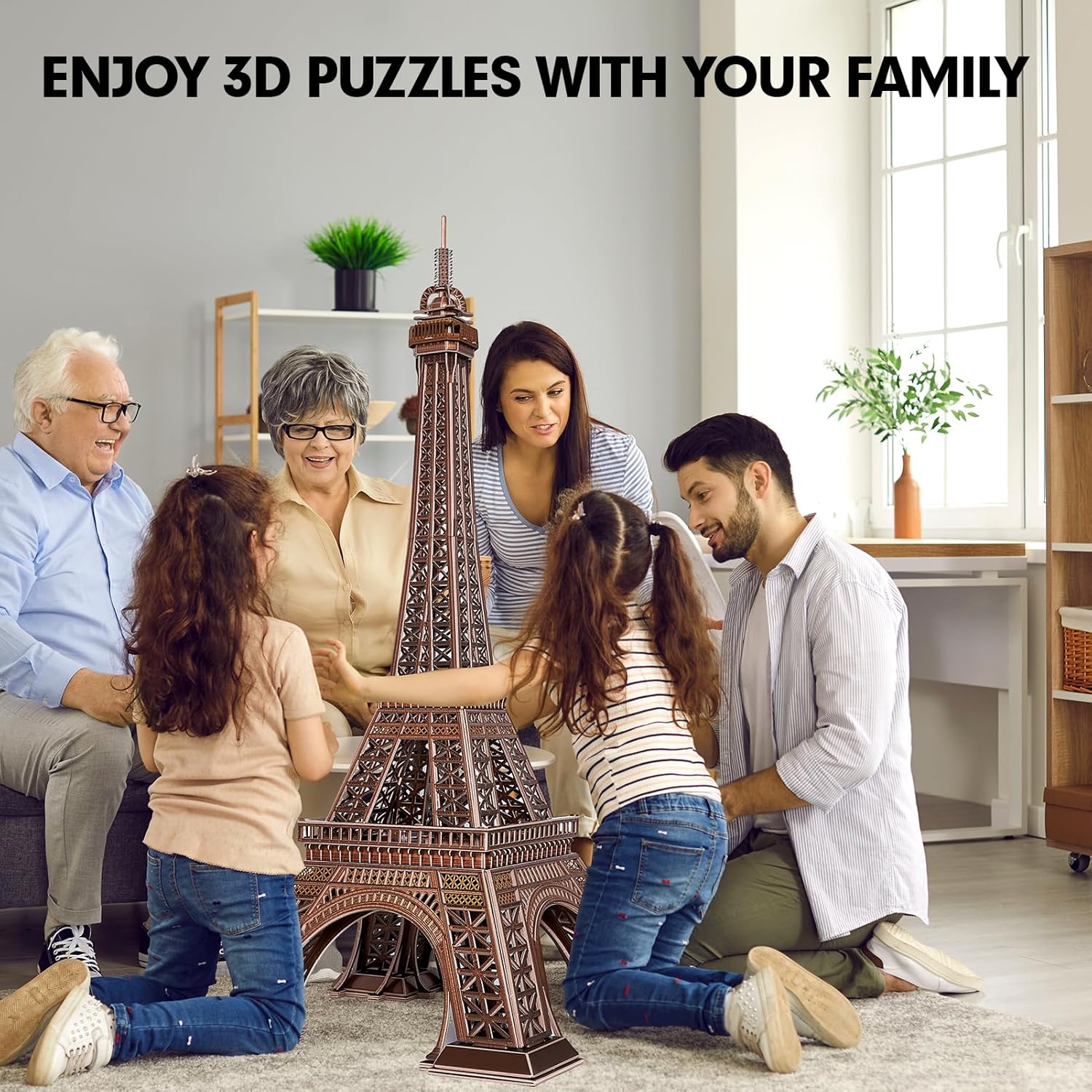 A family enjoying the assembly of the CubicFun 3D Eiffel Tower Puzzle together.