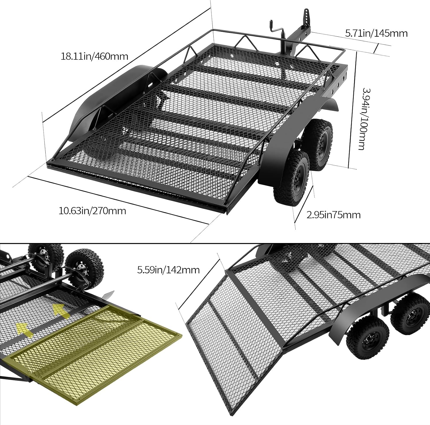 1/10 RC Trailer for Hauling Behind Car, Metal Flatbed Trailer Builder Kit for RC Crawler TRX4 TRX6 SCX10 Gen7 Gen8 Upgrades, Hook Hitch and Receiver, Kinetic Winch Strap Included