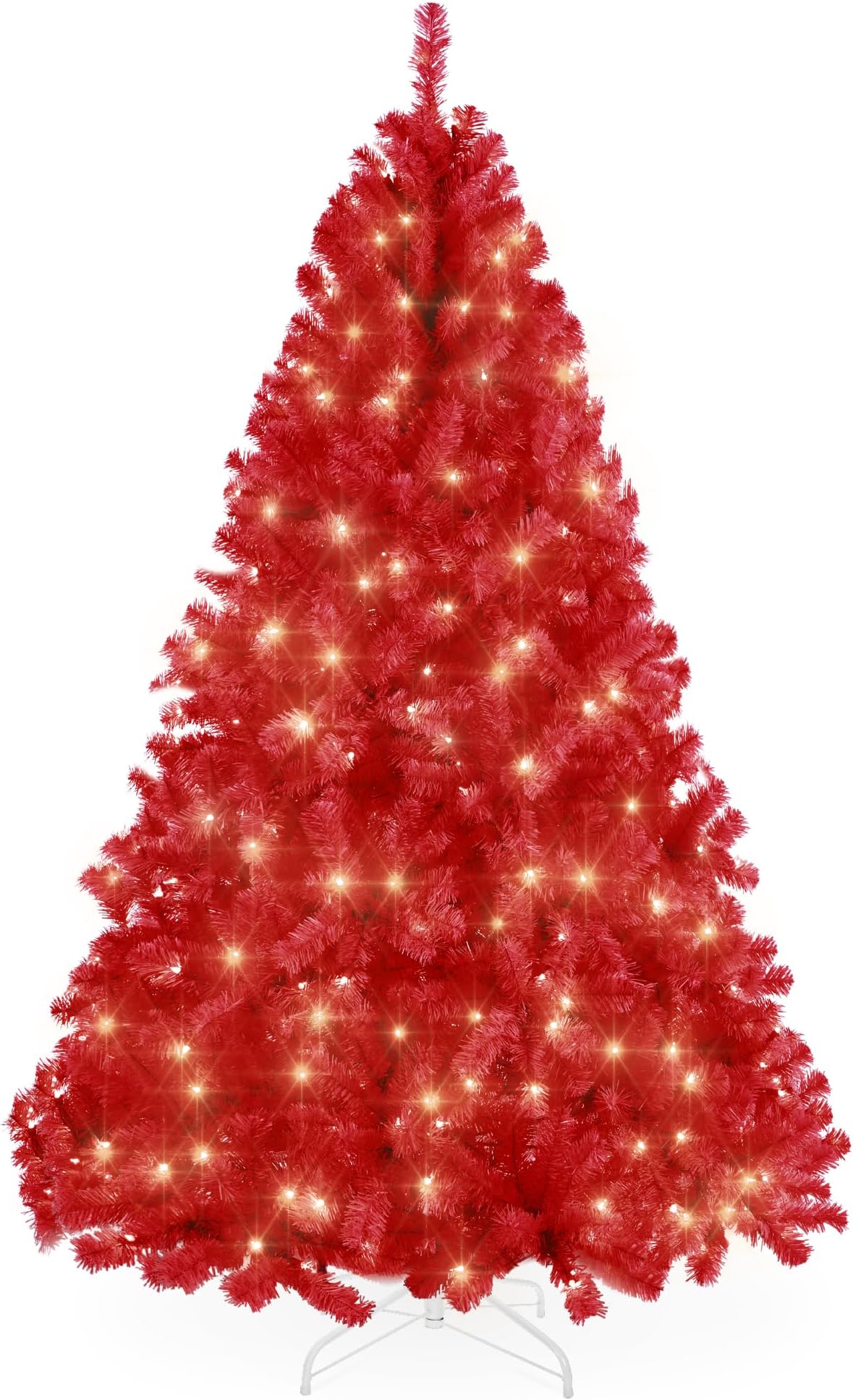 7.5ft Pre-Lit Red Christmas Tree, Full Artificial Holiday Decoration w/ 1,350 Branch Tips, 550 Lights, Foldable Base
