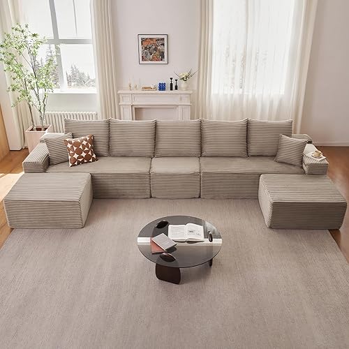 168" Modular Sectional Sofa with 2 Ottomans, Modern Corduroy Cloud Couch with Deep Seat, Upholstered 5-Seater U-Shaped Sofa for Living Room, No Assembly Required (Camel,2 Ottomans)