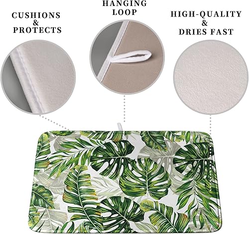 Vista 3 de Tapete de secado de platos con hojas de palma tropicales para encimera de cocina, 18 x 24 pulgadas, tapete de secado de cocina Monstera verde