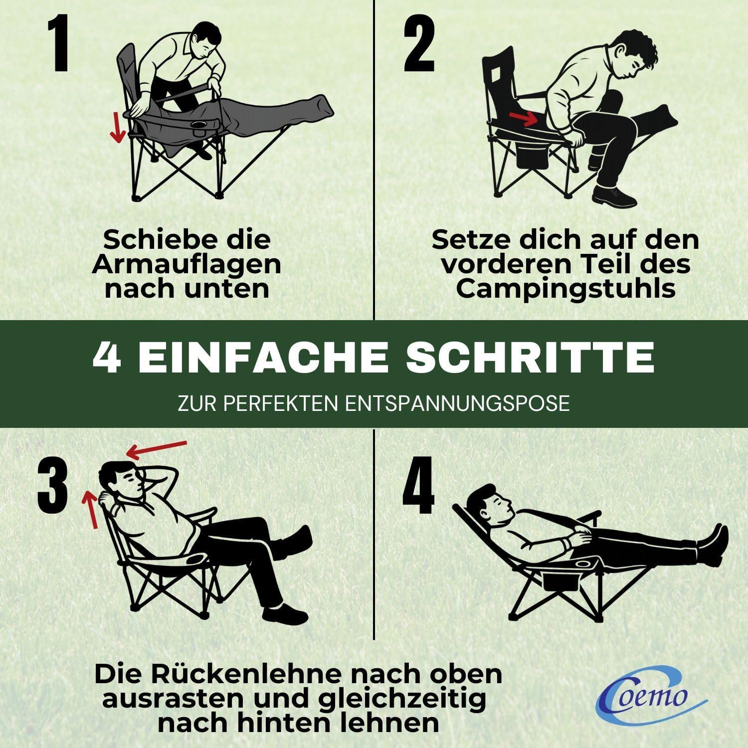 Coemo Campingstuhl, Schwarz, zusammenklappbar, verstellbar, Getränkehalter | Liegestuhl mit Kopfstütze, Tasche, Relaxliege leicht, tragbar, verstellbarer Faltstuhl, zusammenklappbarer Stuhl