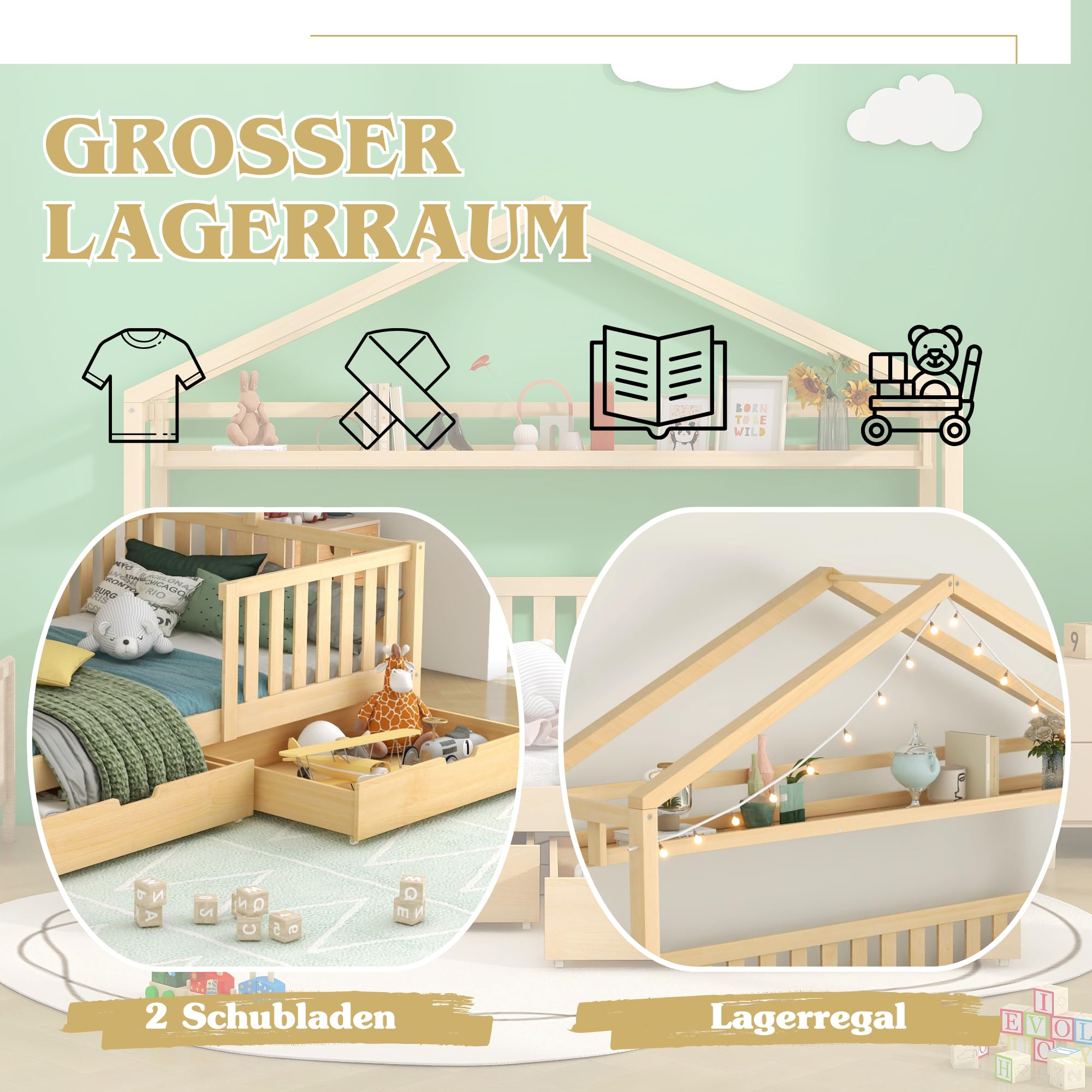 Kinderbett Hausbett 90x200 mit Regalen und 2 Schubladen, Bett mit Rausfallschutz & Lattenrost, Kinder Haus Bett aus Kiefernholz Jugendbett Bettgestell für Jungen & Mädchen, Ohne Matratze, Natur