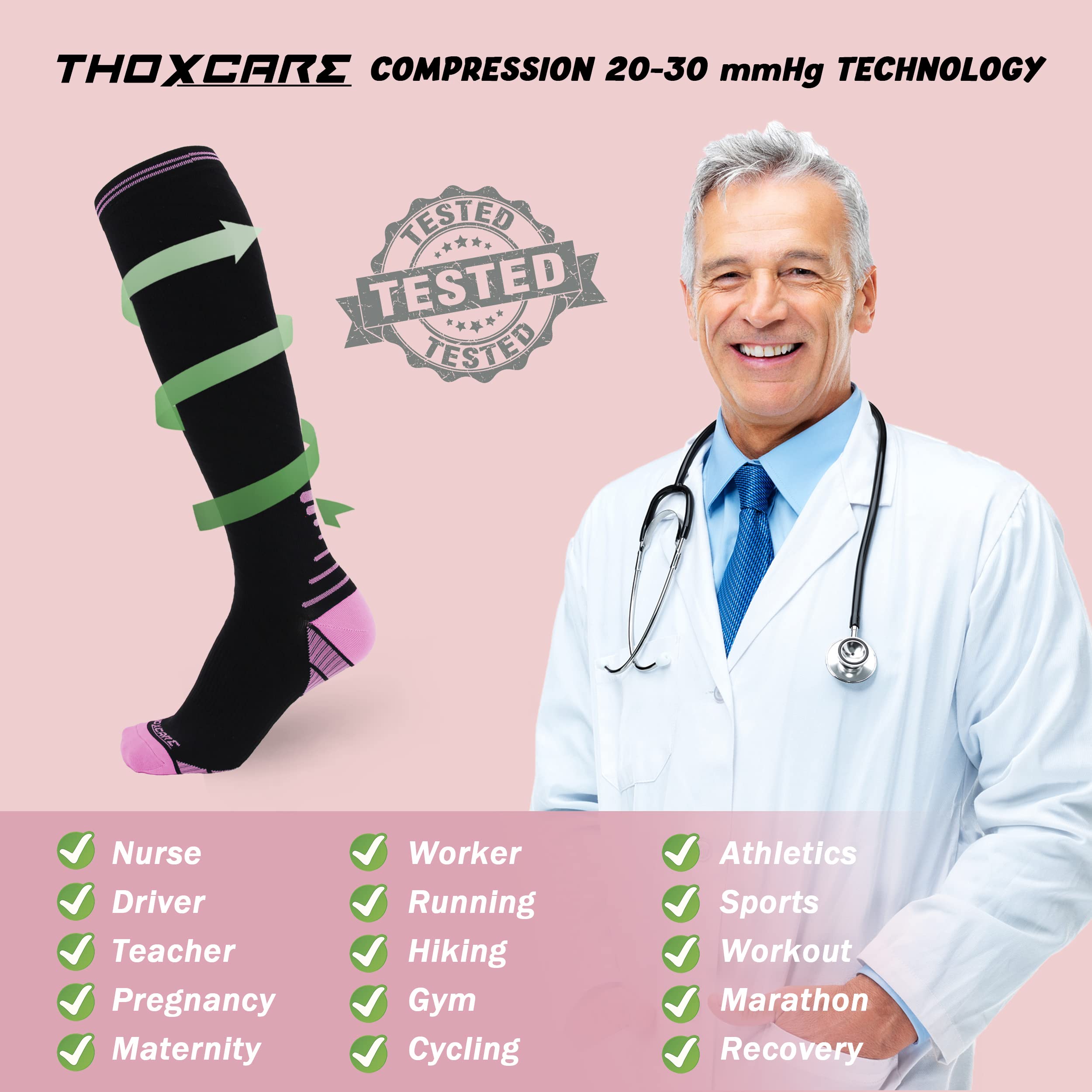 Calcetines de compresión para mujeres y hombres, graduados 20-30 mmHg calcetines de circulación hasta la rodilla con soporte de arco para deportes médicos, 1 par, negro/rosa, Large/X-Large