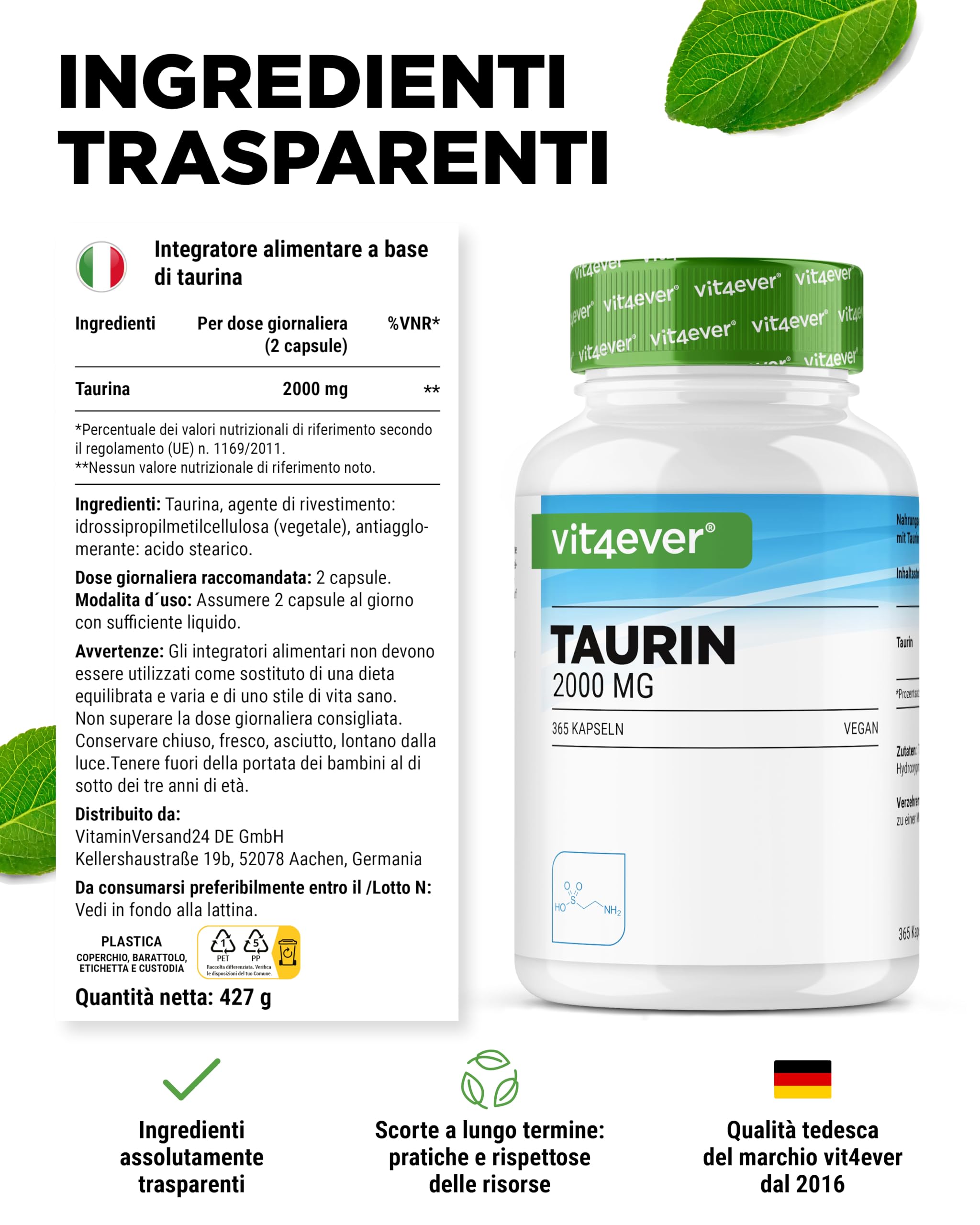 vit4ever Taurina - 365 Capsule - Extra Alto Dosaggio con 2000 mg per Dose Giornaliera (2 Capsule) - Oltre il 99% di Purezza - Senza Additivi Inutili, Vegano