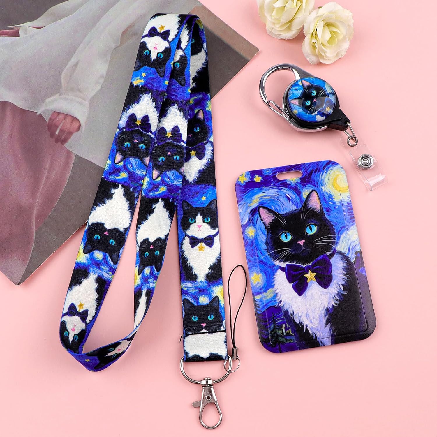 Van Gogh Starry Night Cat Badge Holder ID Card Lanyard with Carabiner, Cute Animal Print Retractable Reel Clip with Keychain for Work, School, Office, Kids, Women, Teacher image 3