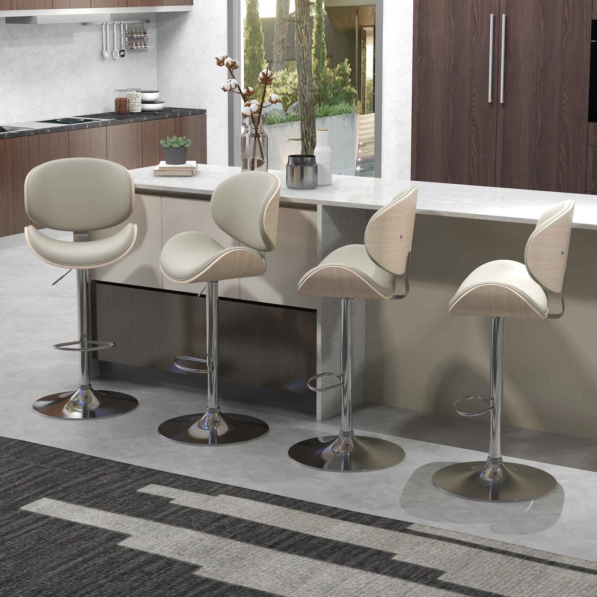 civama Bar Stools Set of 4 for Kitchen Counter, Adjustable Bar Height Chairs, Modern Swivel Barstools with Bentwood Seat and Back with Footrest for Kitchen Island, Dining Room, Grey PU Leather