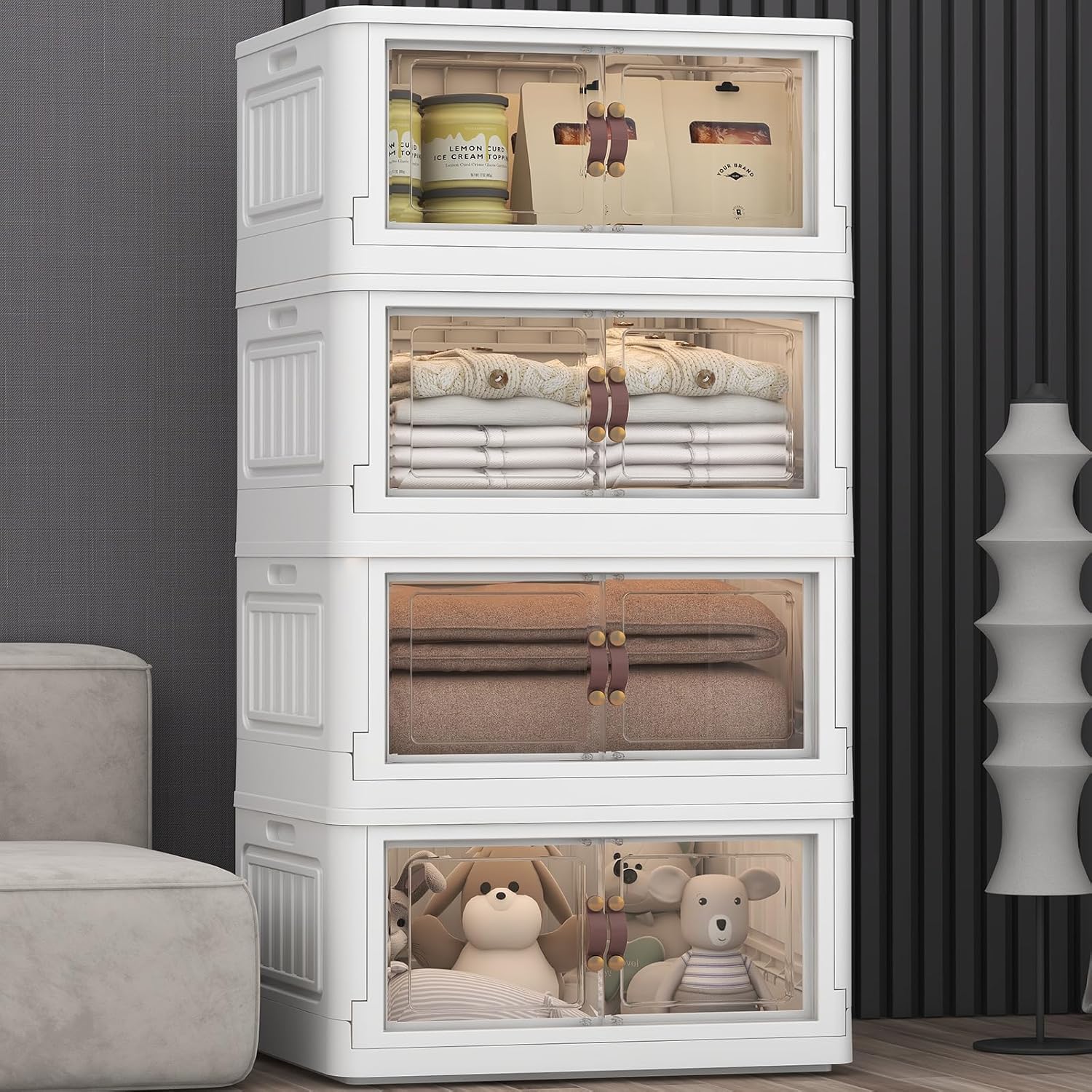 Shelime Collapsible Storage Bins with Lids and Doors – 4 Pack 23 Gallon Stackable Storage Boxes with Wheels Large Foldable Storage Bins for Closet Organizers Toys Clothes and Books White 23 Gallon (4 Pack)