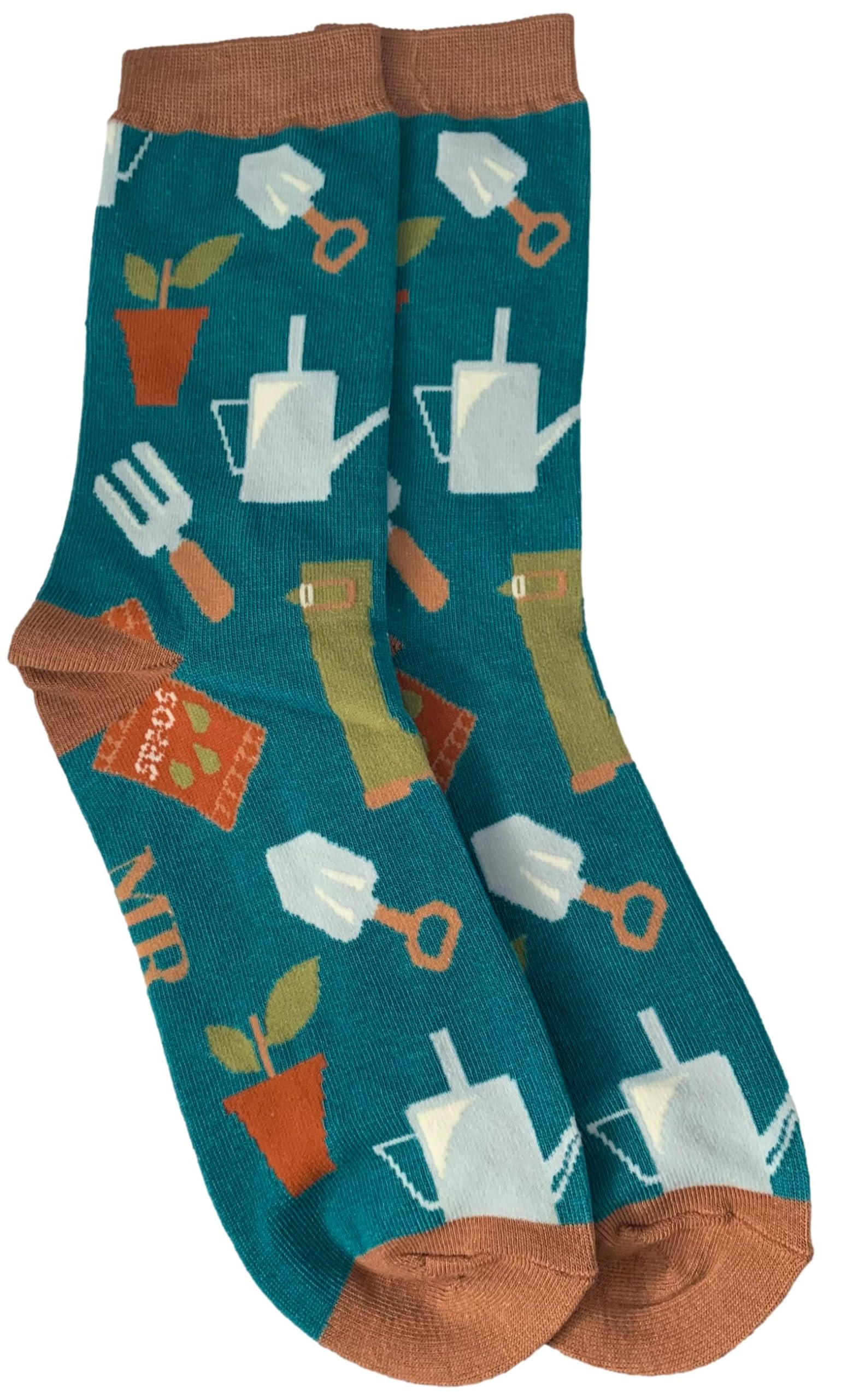 Purple Possum® Gardener Socks Mens Gardening Theme Teal Novelty Fun Bamboo Cotton Size 7 to 11
