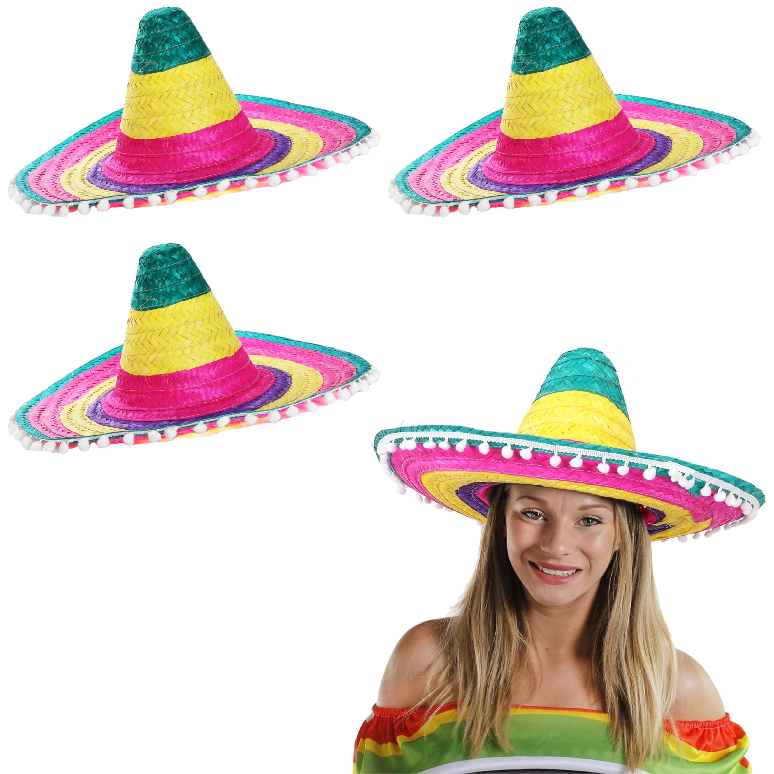 Adults Sombrero Hats - Pack of 3 - Multicoloured Mexican Sombreros with White Pompom Details - Mens Ladies Mexican Cinco De Mayo Fiesta Fancy Dress Costume Accessory