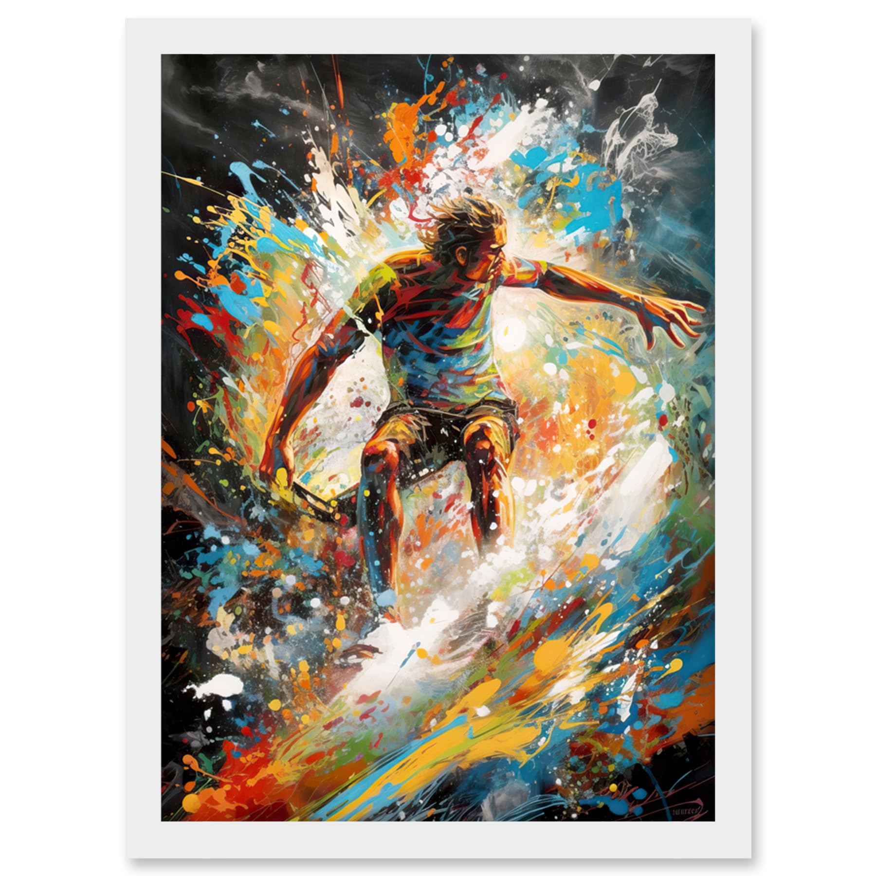 Artery8 Surfer Surfing on Crashing Waves Splatter Paint Artwork Framed Wall Art Print A4