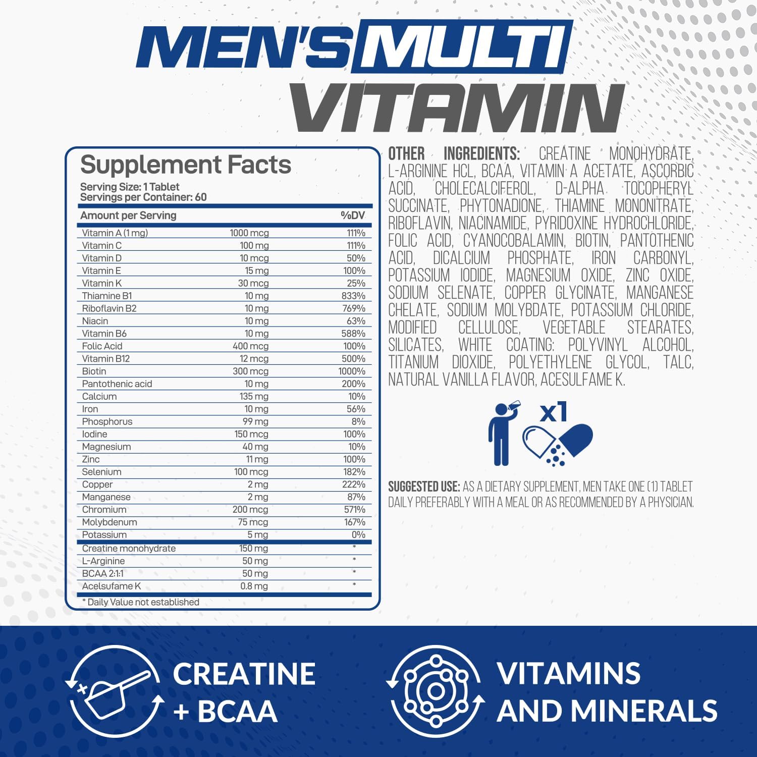 Forzagen Essentials Men's Multivitamin with Creatine and BCAA, Complete Vitamin and Mineral Complex, 60 Tablets - Image 2
