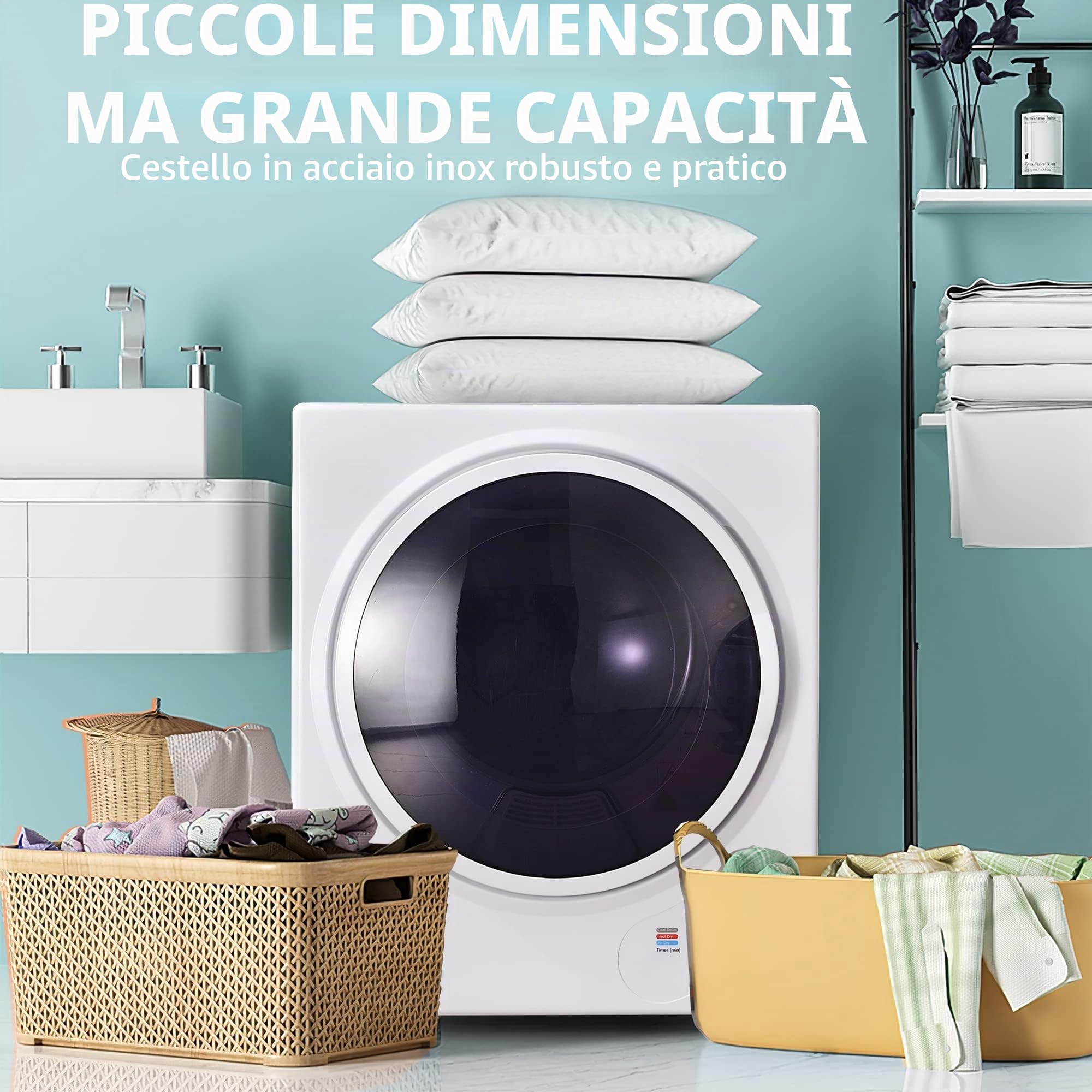 Merax Piccola asciugatrice, montabile a parete, asciugatrice ad evacuazione, asciugatrice per biancheria a tamburo, timer 200 minuti, doppio filtro, 850W, 2,5 kg, bianco, 50x42x59cm