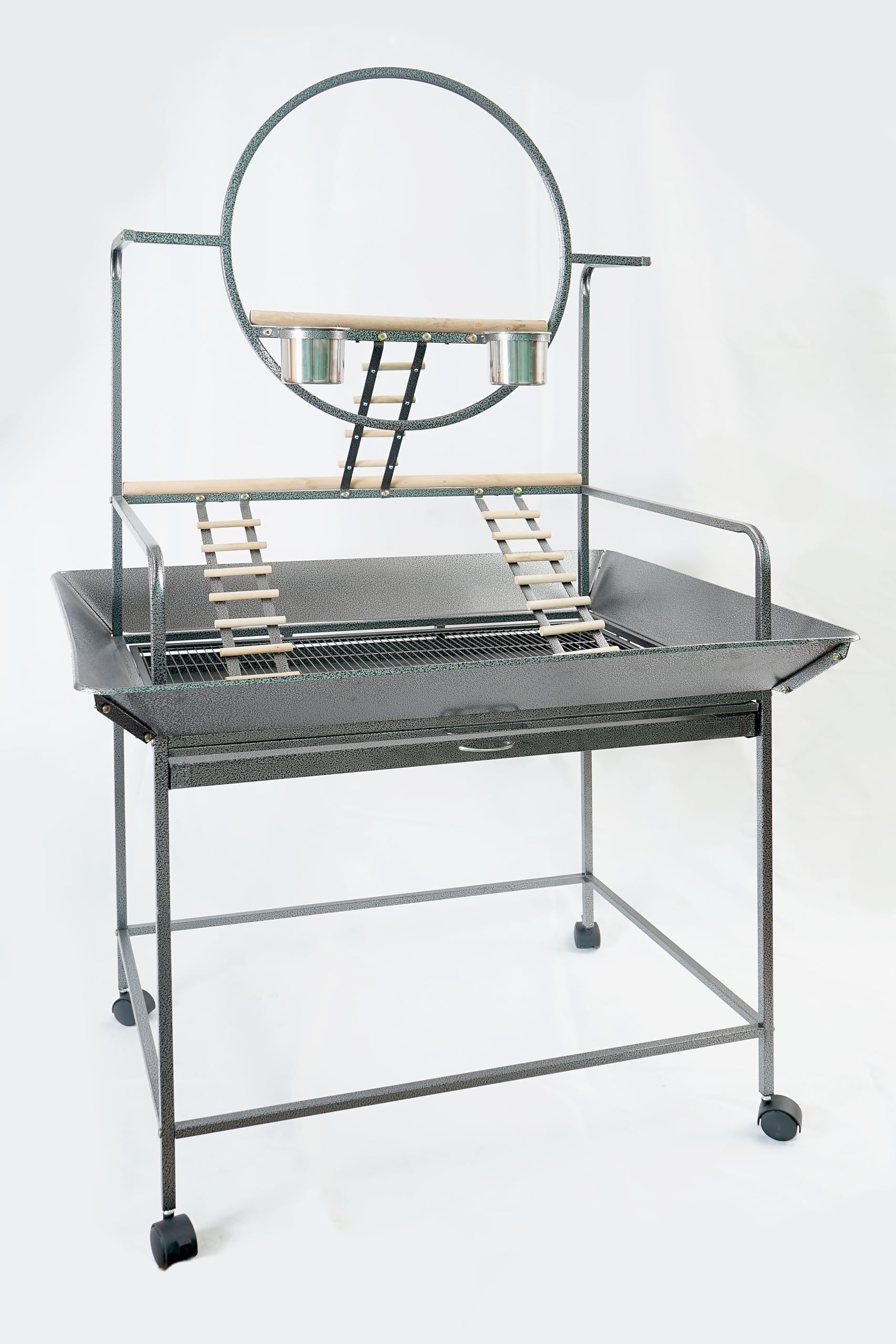 Pet's Solution - Trespolo per Pappagalli Grande e Stabile, Area Gioco con Scale, Posatoi, Mangiatoie in Acciaio, Griglia e Vassoio Estraibile, 4 Ruote, Color Nero Martellato – 100,5x76,5x166h cm