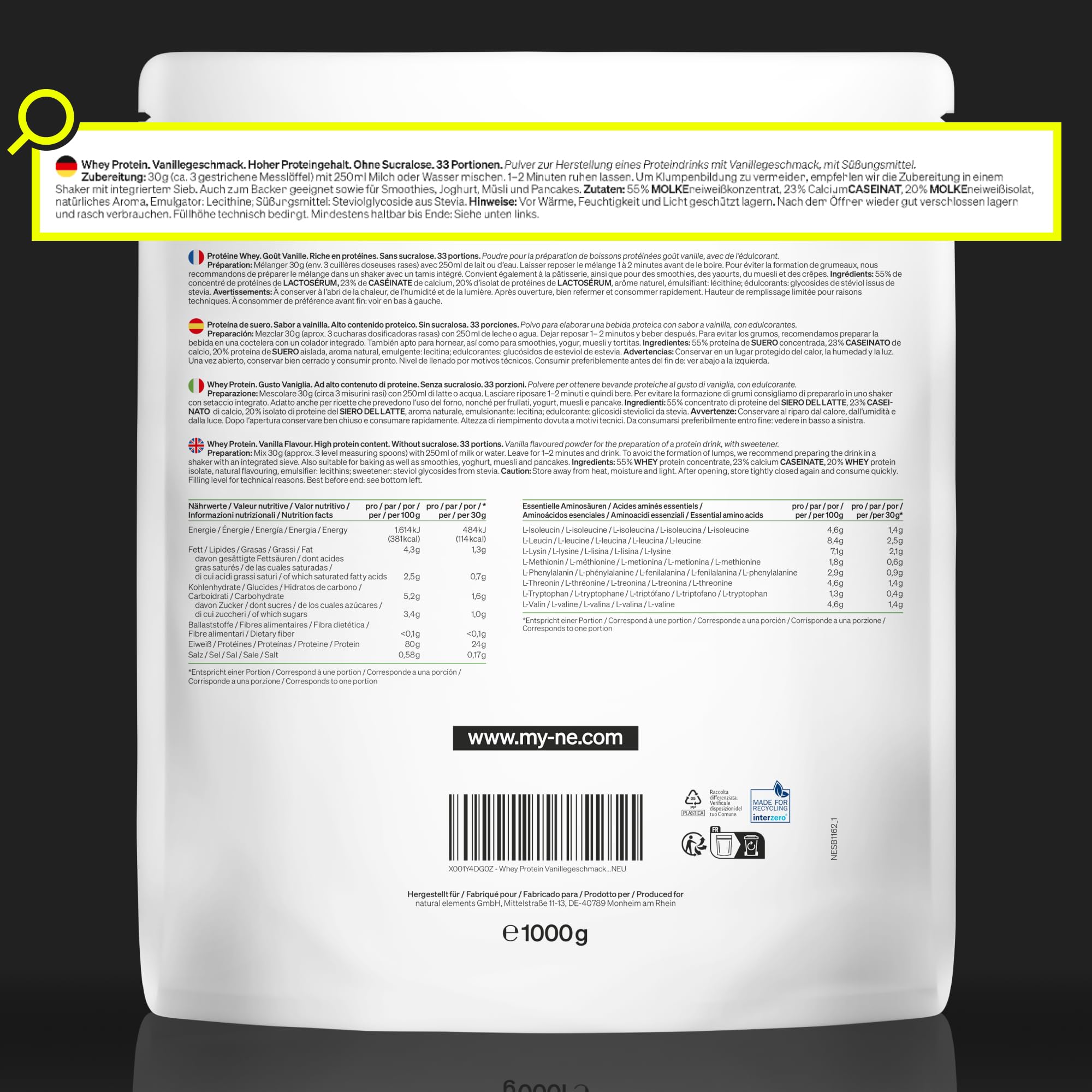 natural elements Whey Protein Pulver – Vanille – 1kg – 24g Protein pro Portion – nicht zu süß, nur natürliche Aromen – hochdosiert – in Deutschland produziert & laborgeprüft