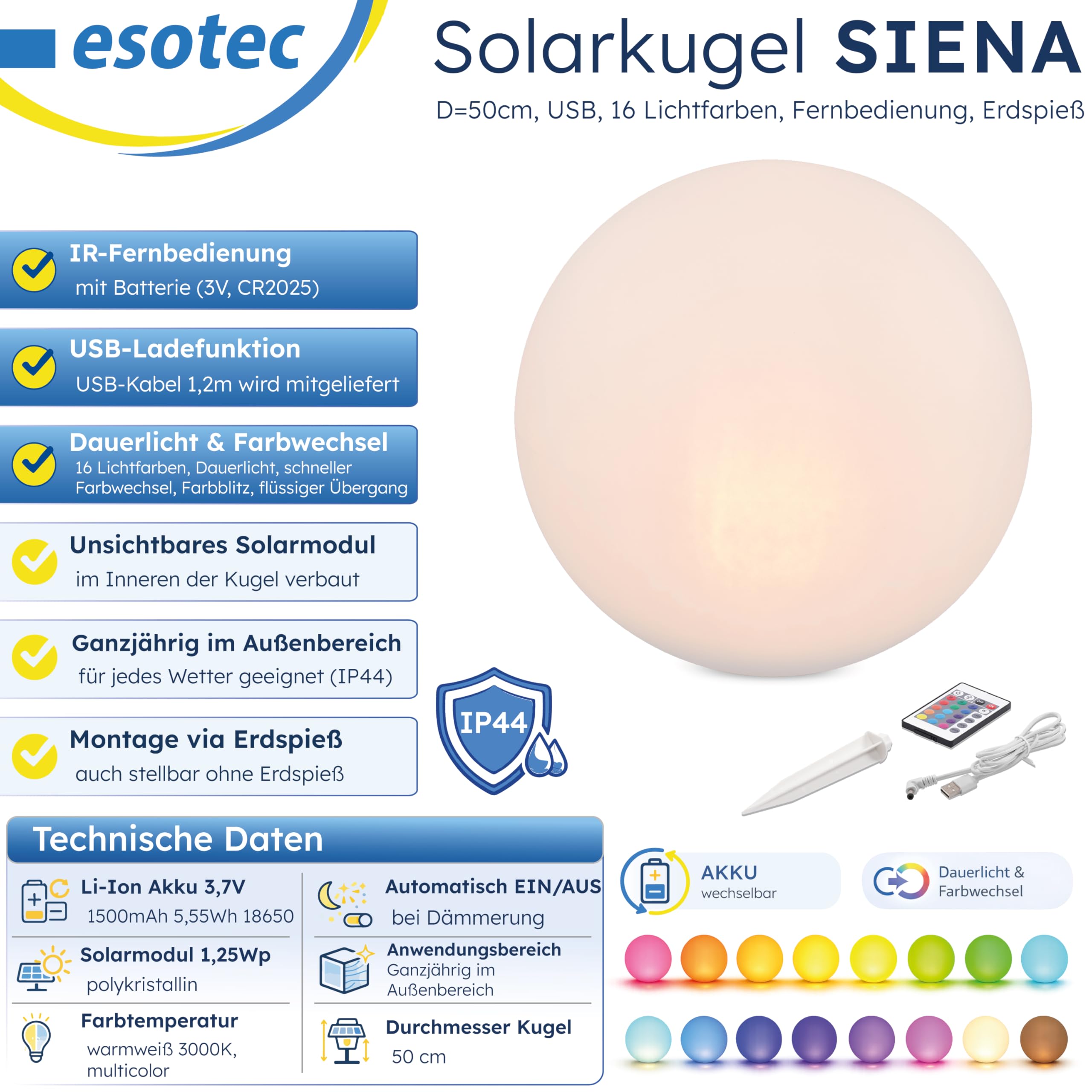 Esotec Solarkugel für den Garten Siena 50, multicolor, 50cm, Fernbedienung, USB, 16 Leuchtfarben, Akku, Solarmodul, Erdspieß, Solarleuchte, Kugelleuchte, außen, winterfest, wetterfest, 102893