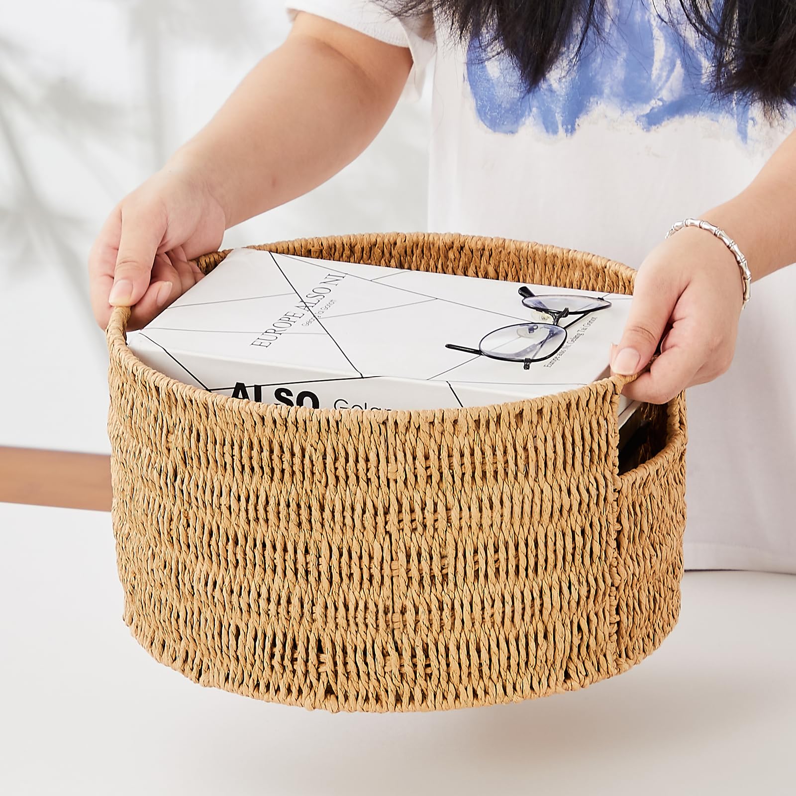 Vagusicc Aufbewahrungskorb rund 3er Set, Decorasian Korb Aufbewahrung mit Holzgriffen, Geschenkkorb leer aus Recyclebarem Papierseil für Schlafzimmer, Badezimmer, Wohnzimmer, Jute