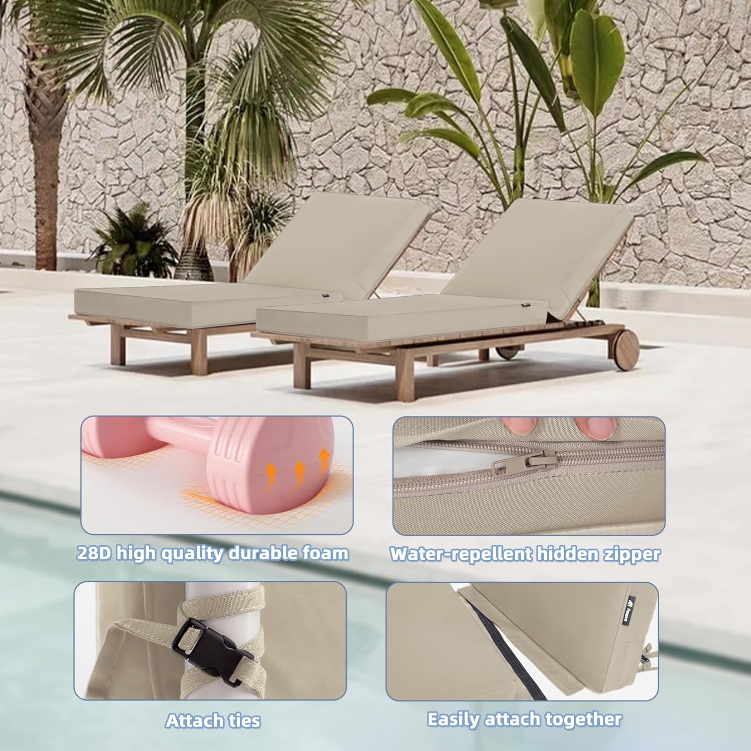 Favoyard Chaise Lounge Cushions Outdoor 72 x 21 x3 Inch Waterproof & 3-Year Fade Resistant Outdoor Lounge Chair Cushions with Removable Cover, Ties and Hidden Zipper for Patio Pool Lounge Chairs