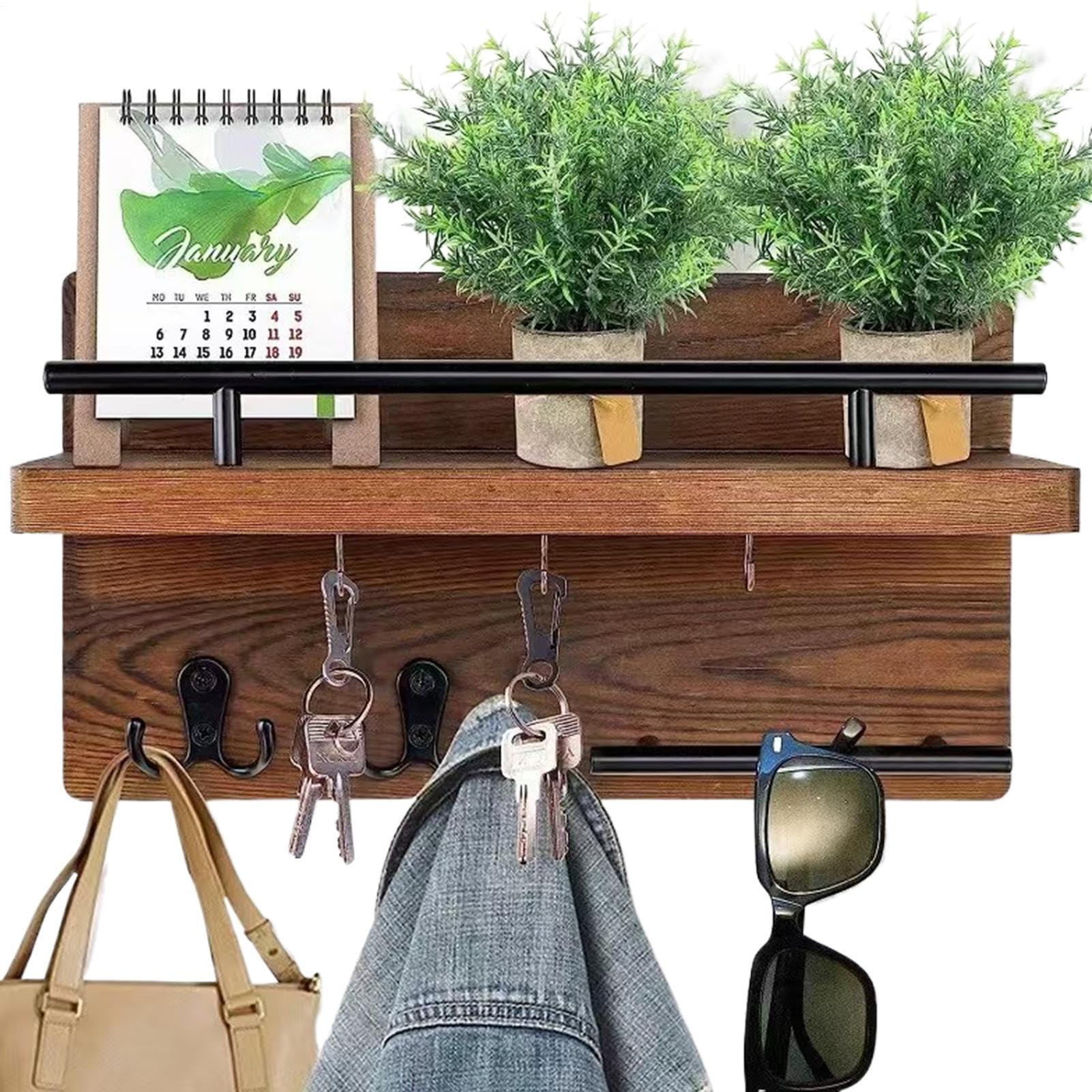 Cuelgaventanas y llaves de madera retro con estante flotante decorativo para pared